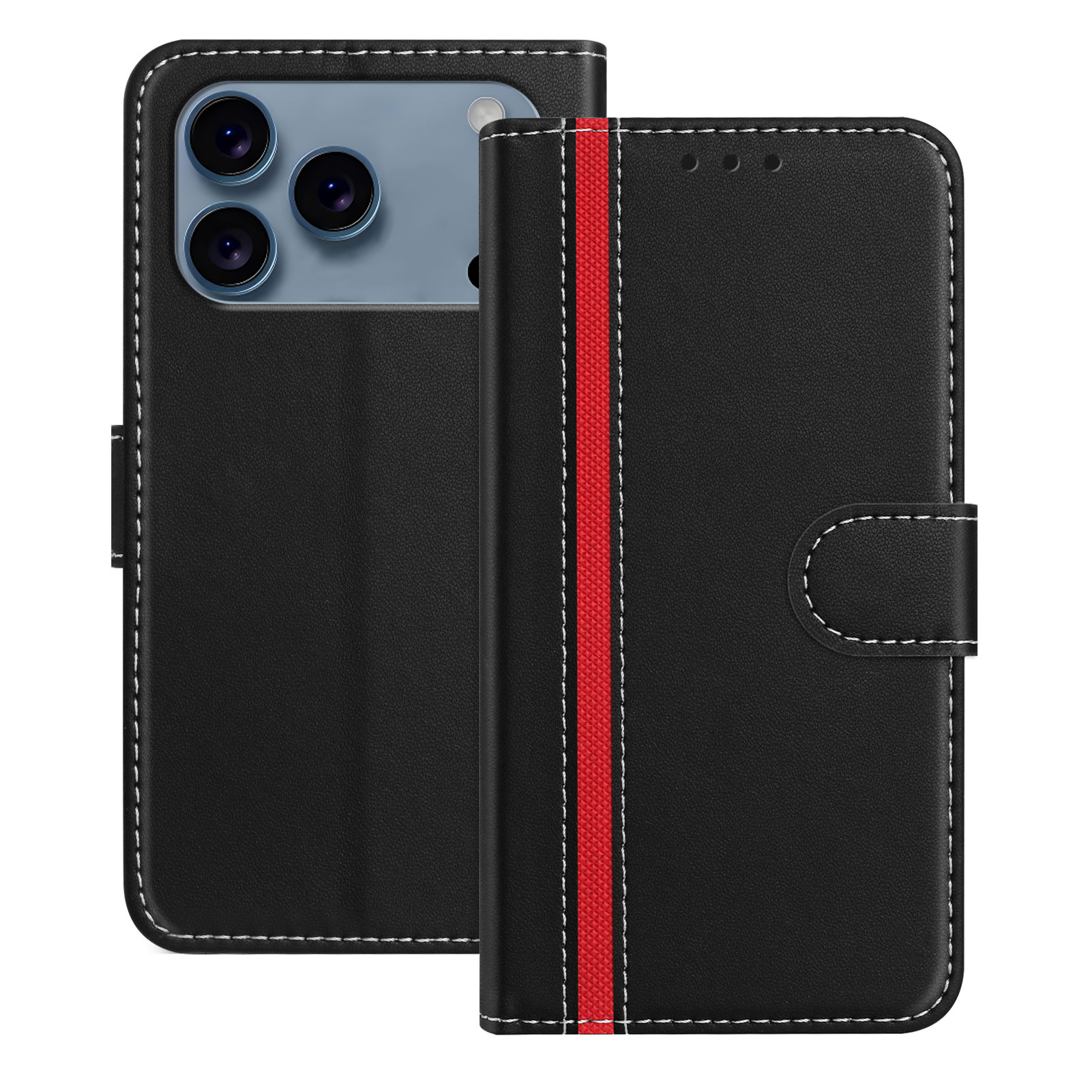 For iPhone 17 Pro Max Phone Cases Wallet Stand Color Splicing Leather Cover with Magnetic Clasp - Black