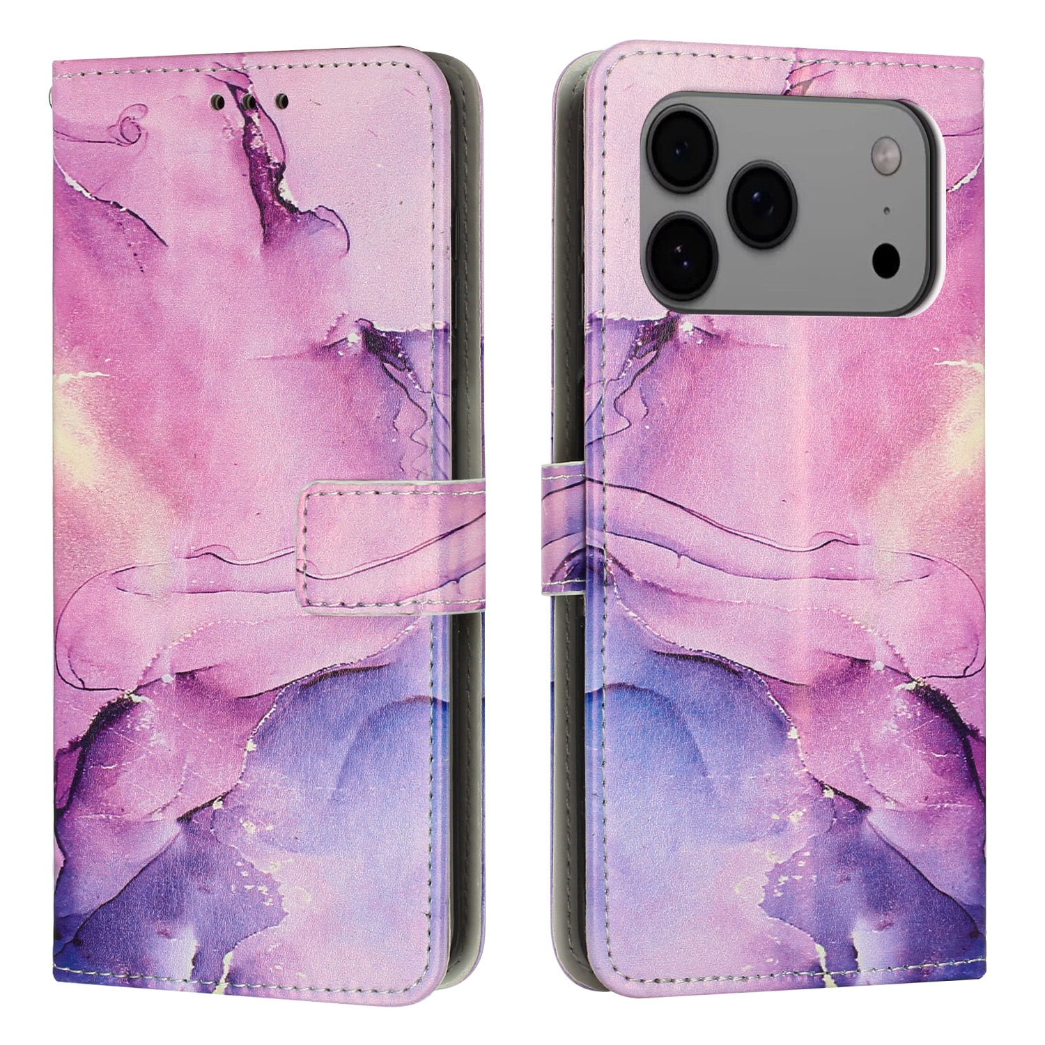 For iPhone 17 Pro Max Stand Case Marble Pattern PU Leather Wallet Phone Cover - Purple