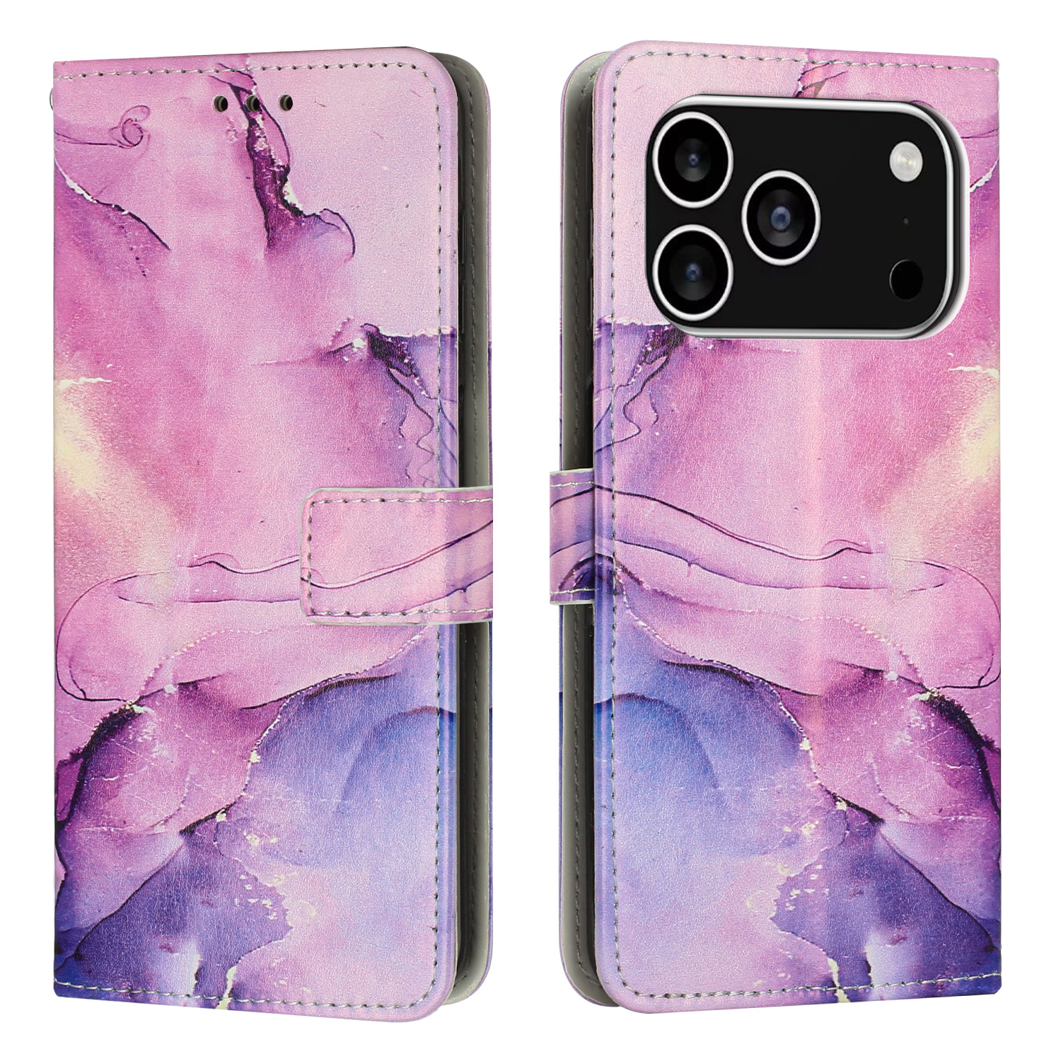 For iPhone 17 Pro Stand Case Marble Pattern PU Leather Wallet Phone Cover - Purple