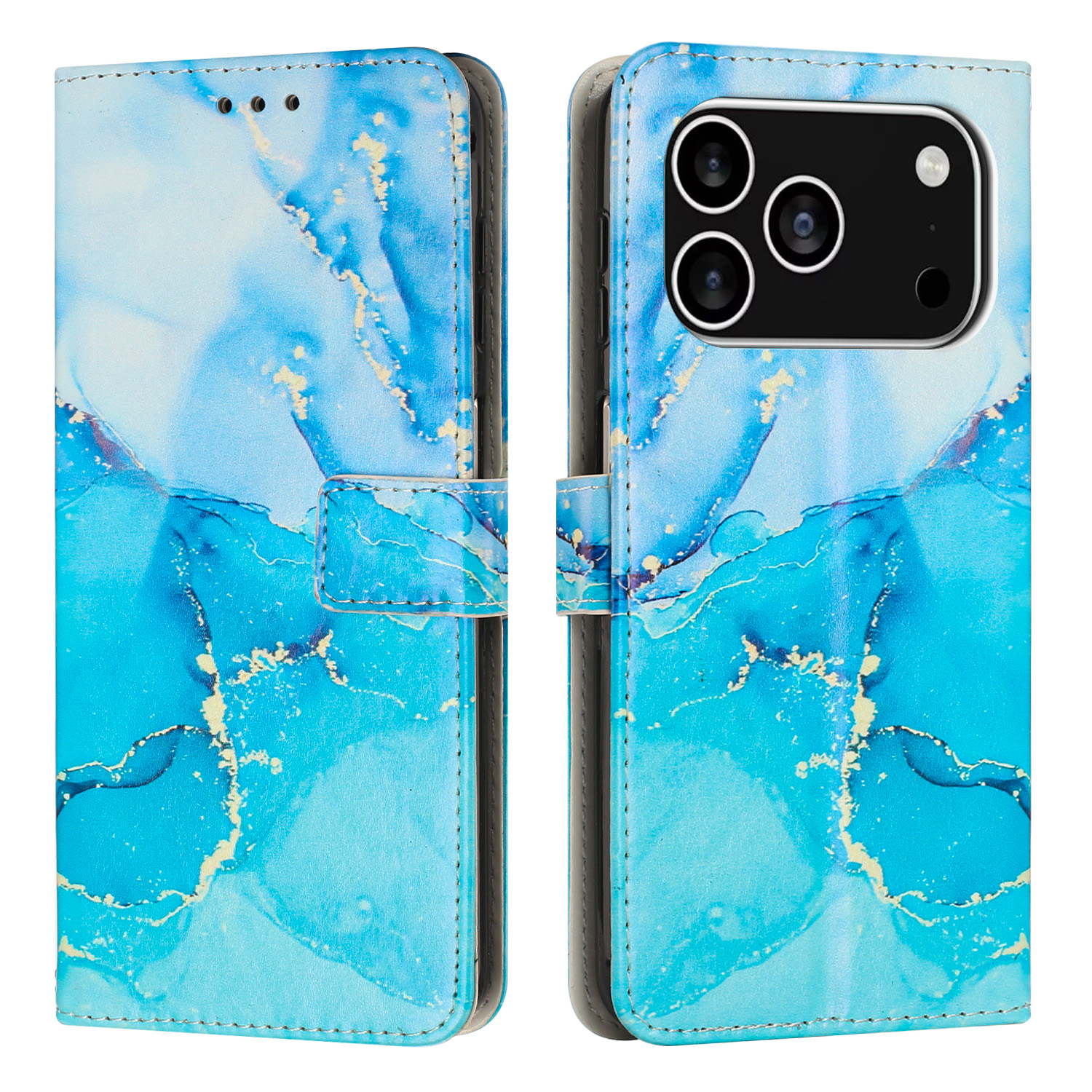 For iPhone 17 Pro Stand Case Marble Pattern PU Leather Wallet Phone Cover - Blue / Green