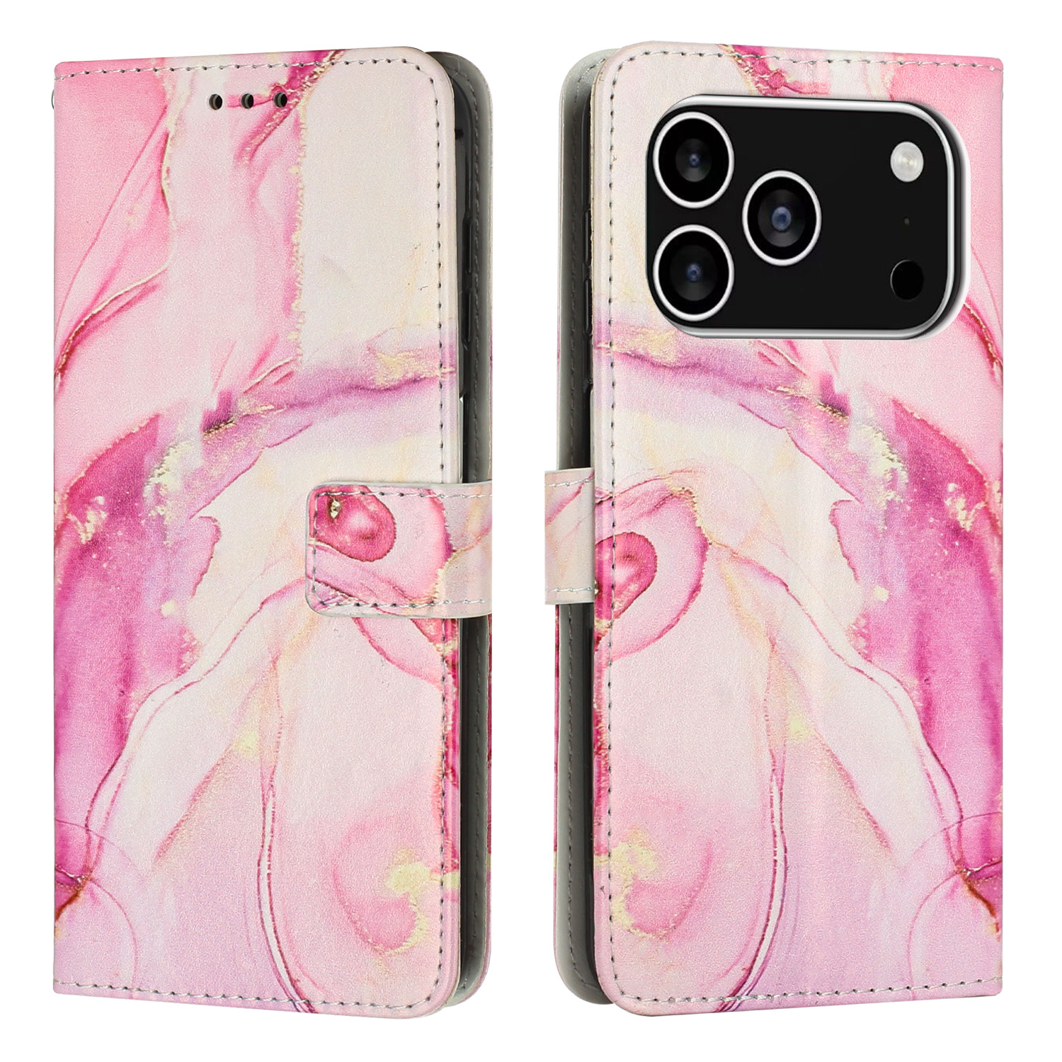 For iPhone 17 Pro Stand Case Marble Pattern PU Leather Wallet Phone Cover - Rose Gold