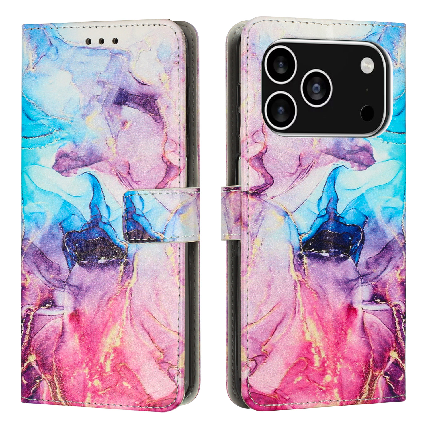 For iPhone 17 Pro Stand Case Marble Pattern PU Leather Wallet Phone Cover - Pink / Purple