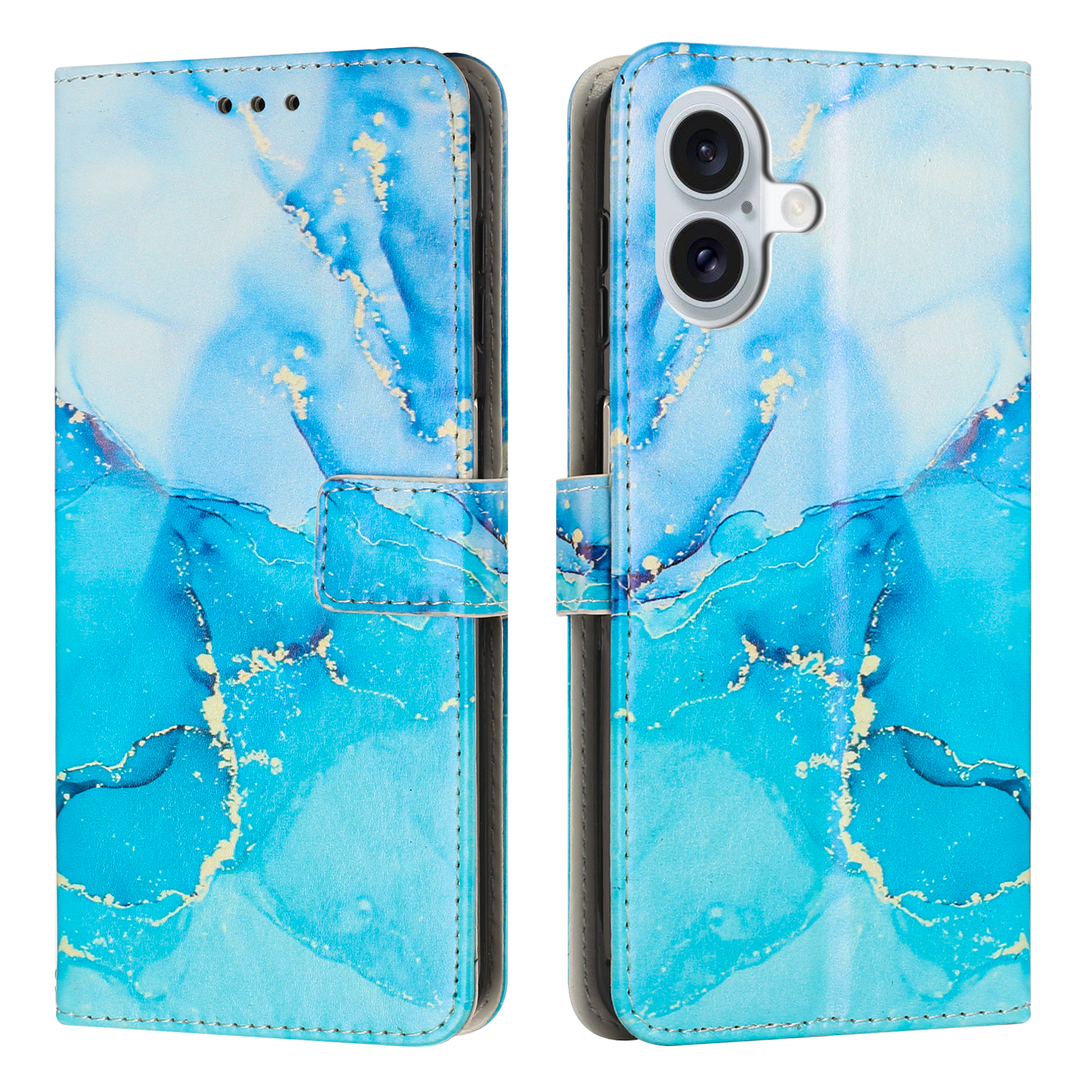 For iPhone 17 Stand Case Marble Pattern PU Leather Wallet Phone Cover - Blue / Green