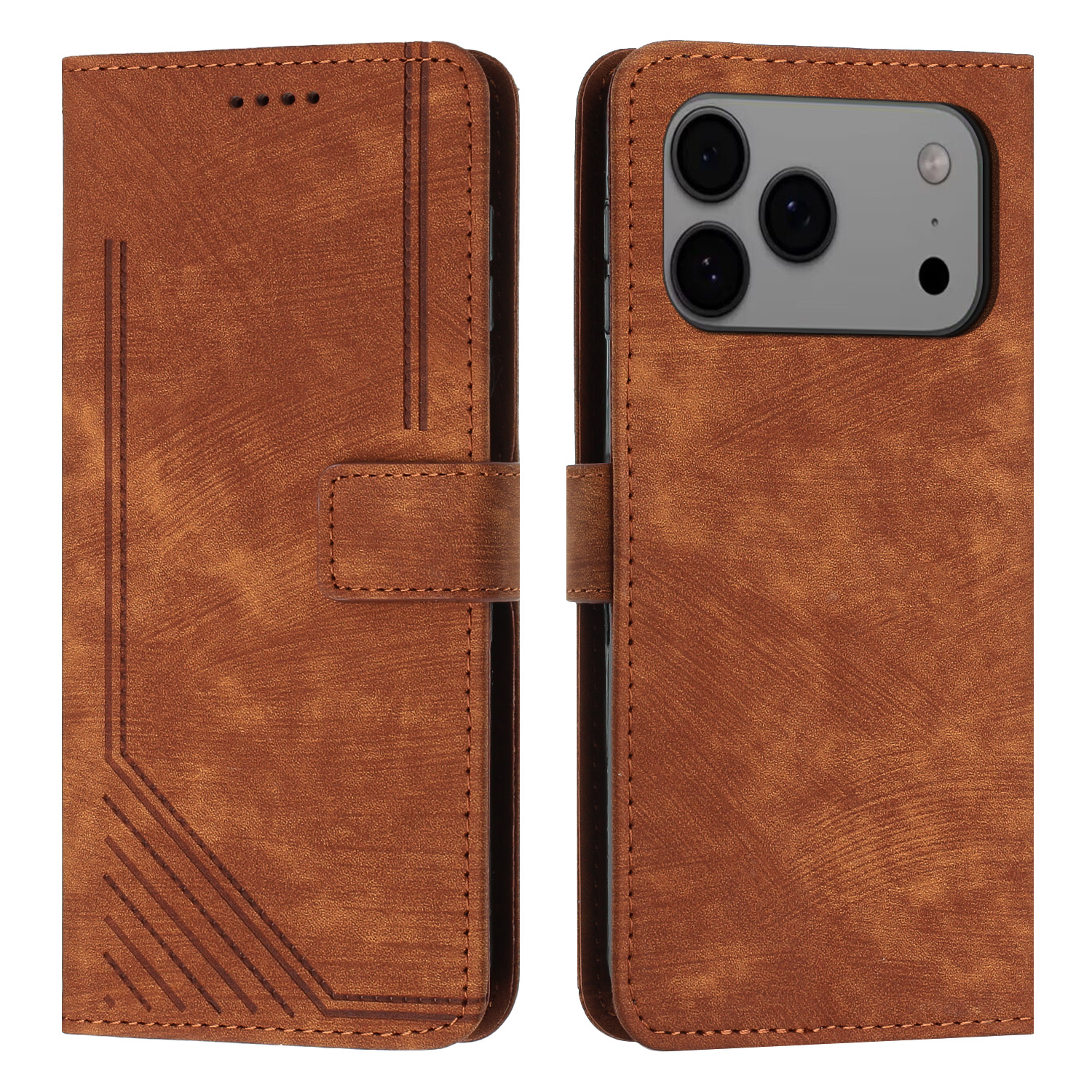 For iPhone 17 Pro Max Stand Case Imprinted Lines Leather Phone Cover - Brown