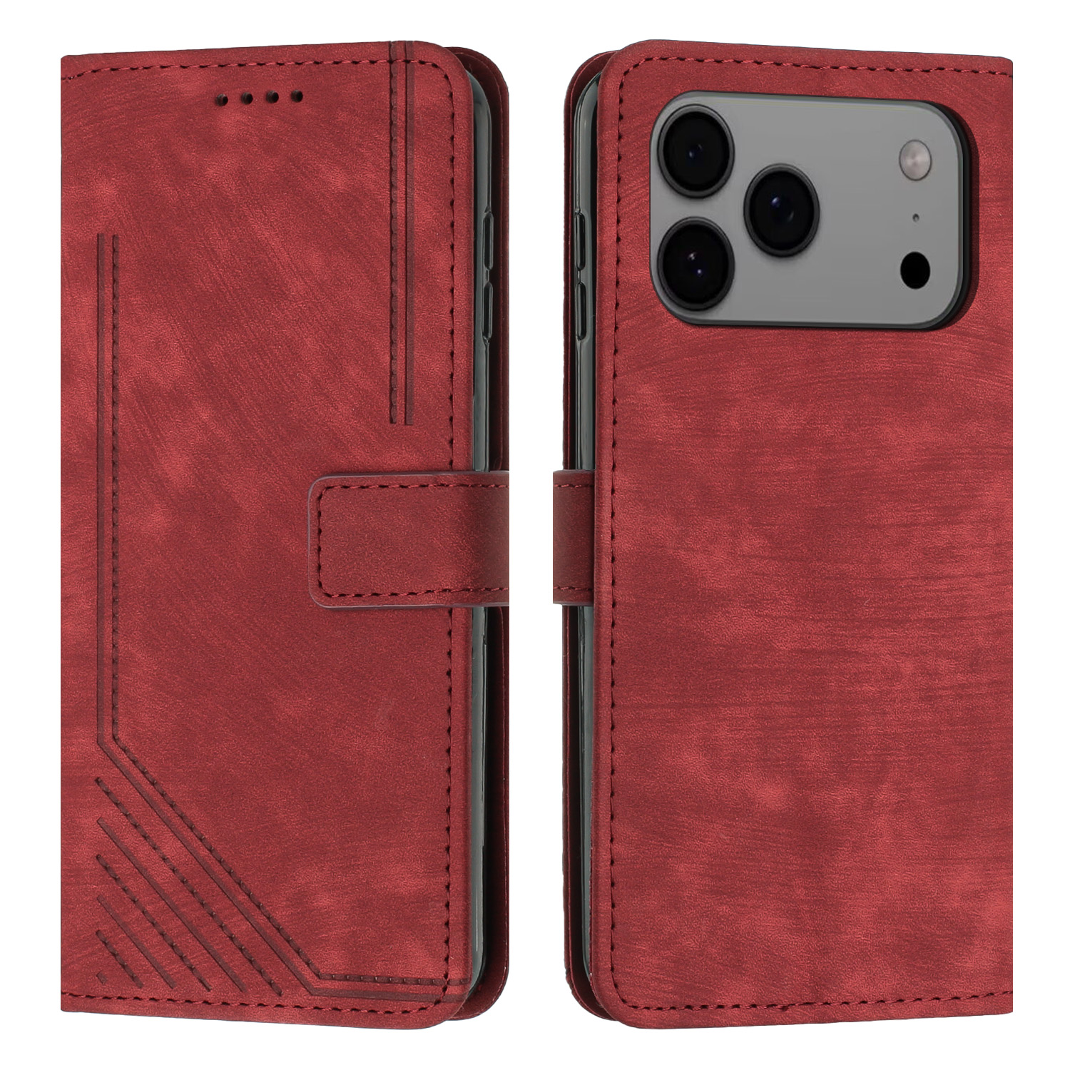 For iPhone 17 Pro Max Stand Case Imprinted Lines Leather Phone Cover - Red