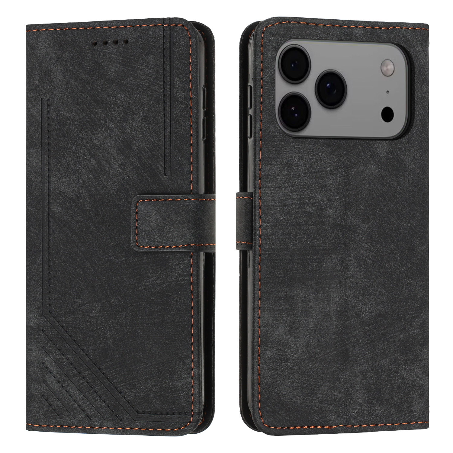 For iPhone 17 Pro Max Stand Case Imprinted Lines Leather Phone Cover - Black