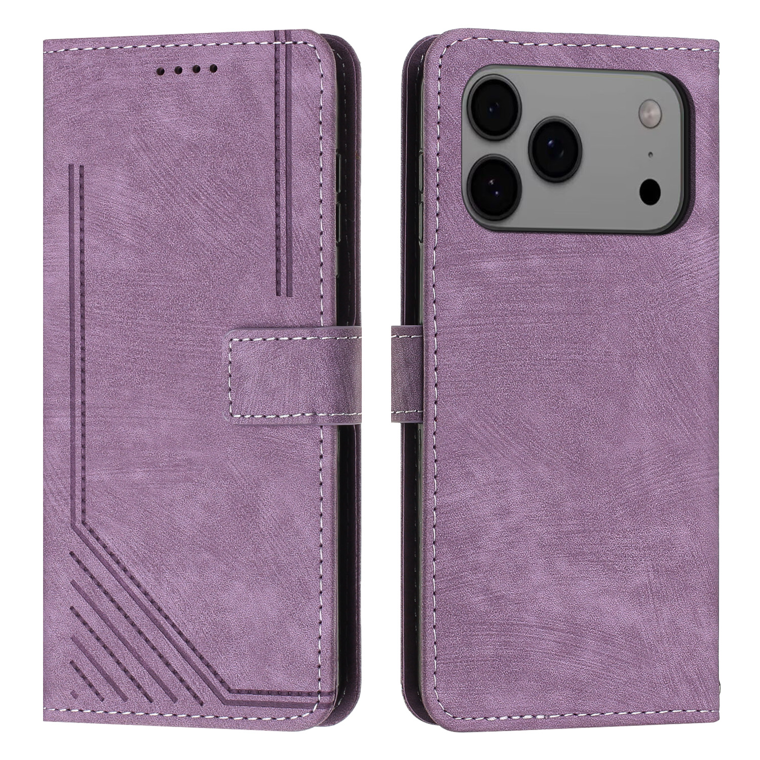 For iPhone 17 Pro Max Stand Case Imprinted Lines Leather Phone Cover - Purple