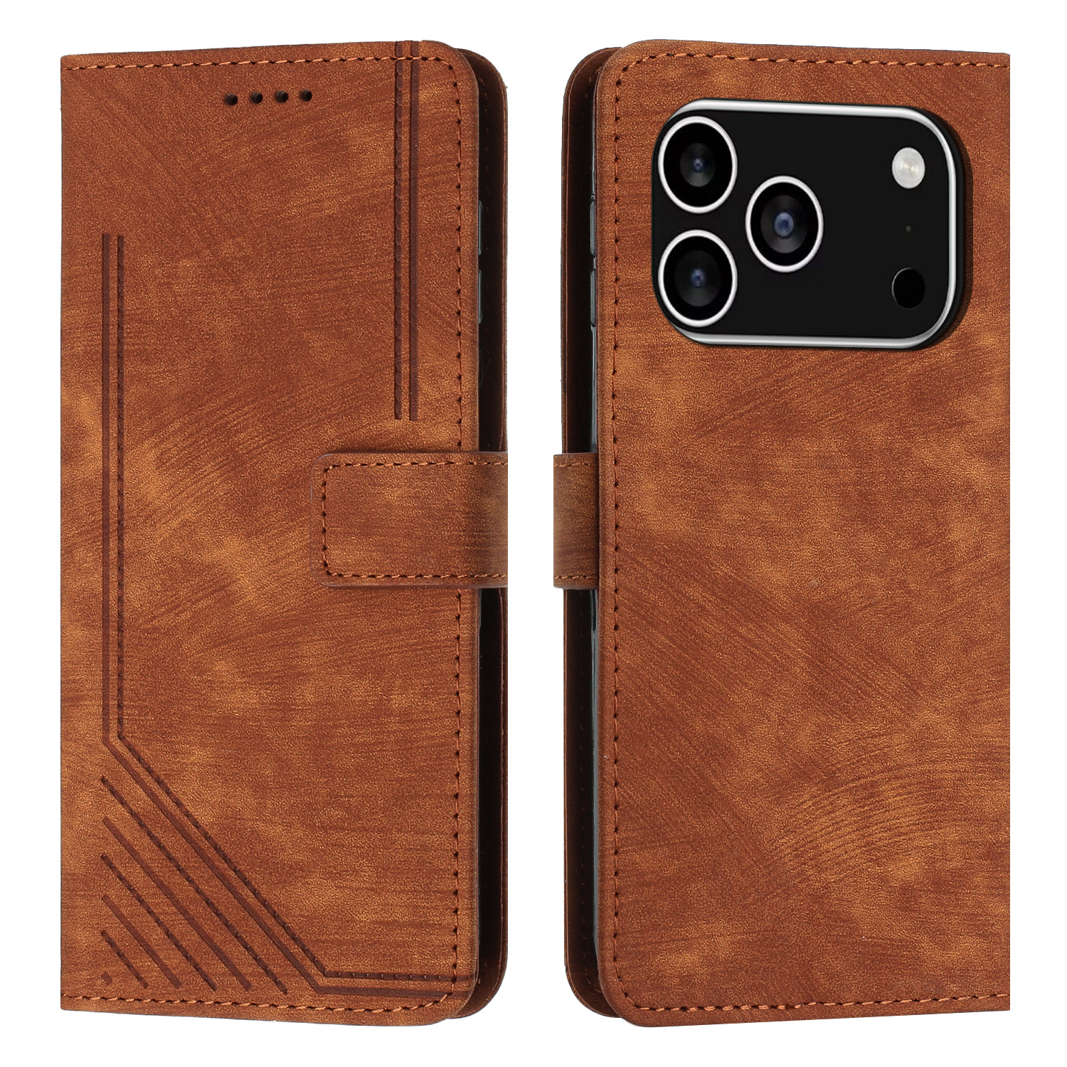 For iPhone 17 Pro Stand Case Imprinted Lines Leather Phone Cover - Brown
