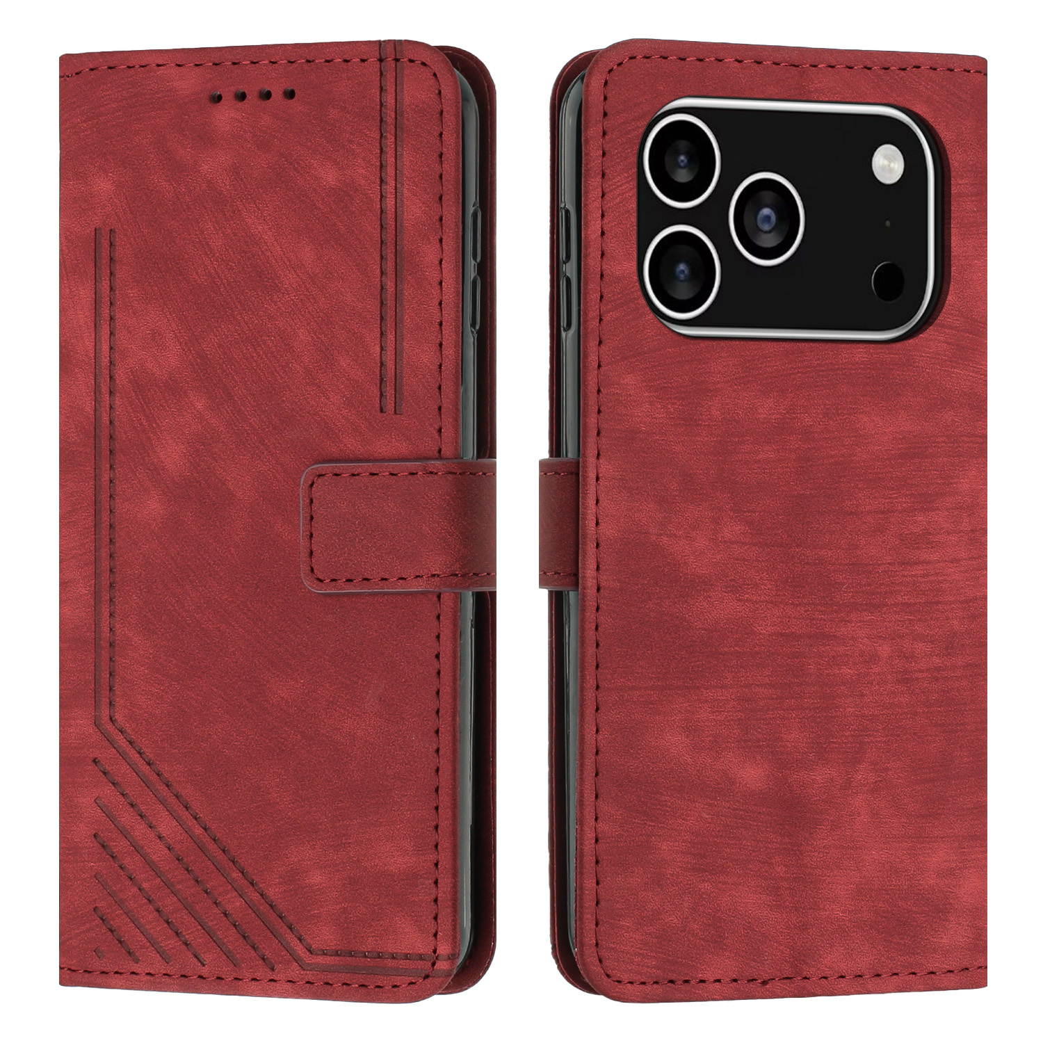 For iPhone 17 Pro Stand Case Imprinted Lines Leather Phone Cover - Red