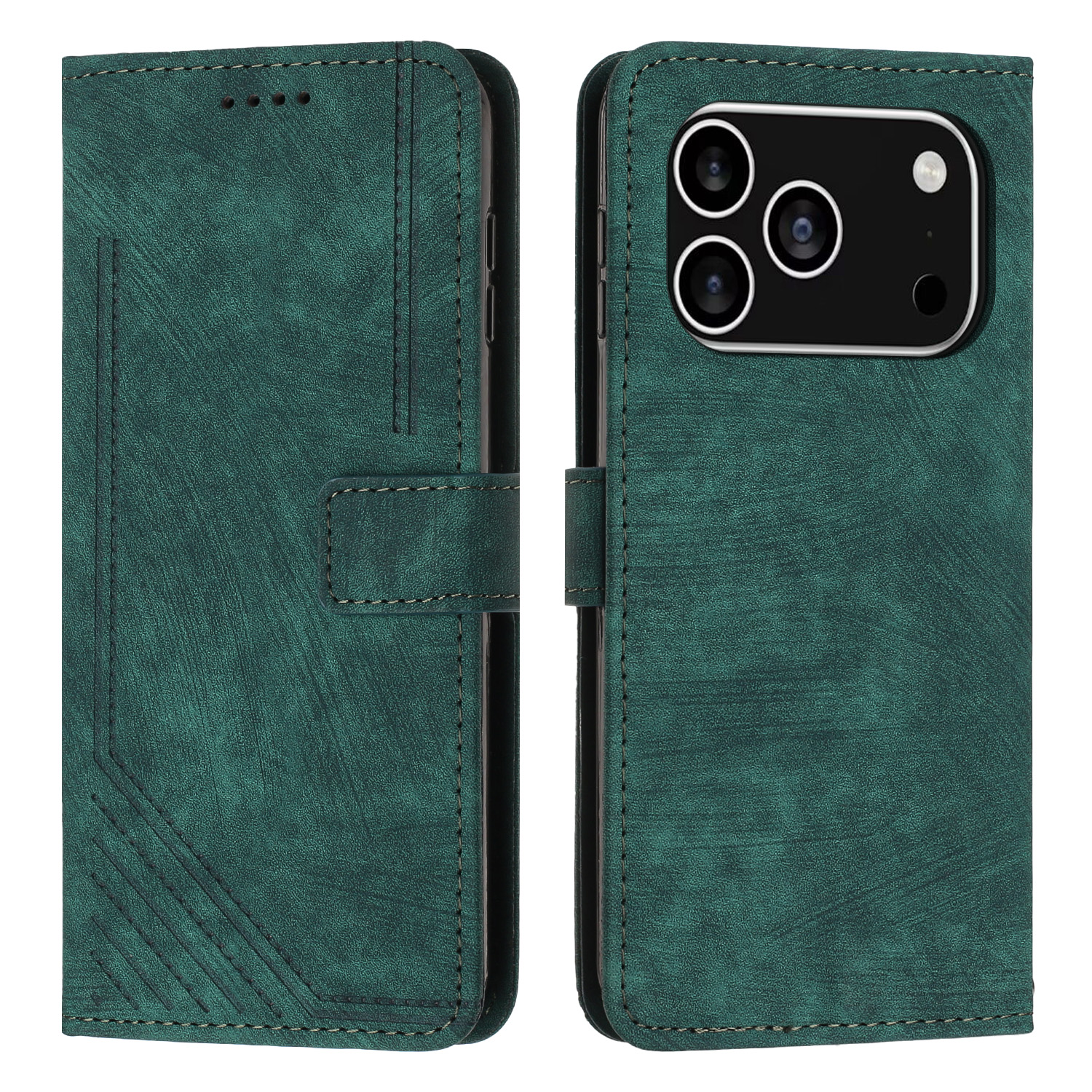 For iPhone 17 Pro Stand Case Imprinted Lines Leather Phone Cover - Green