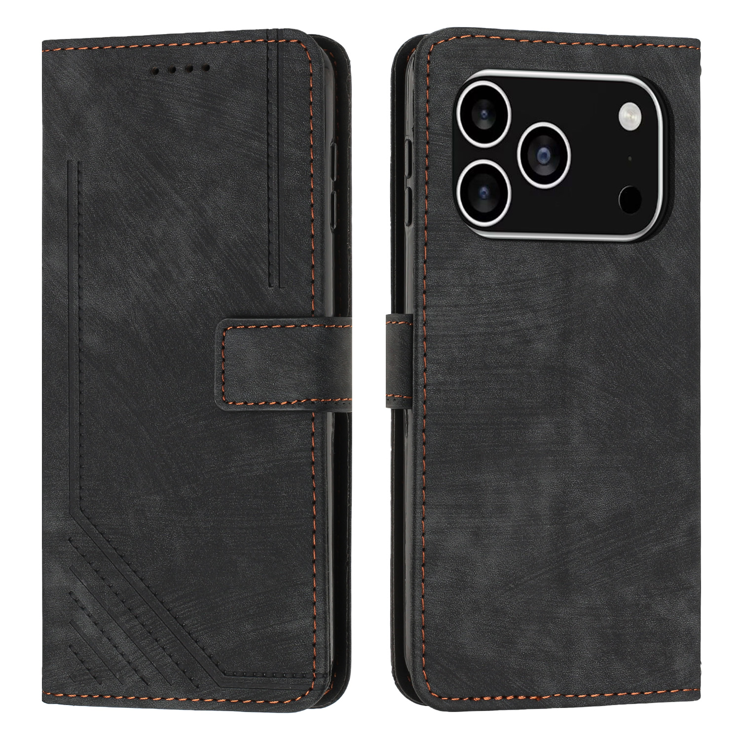 For iPhone 17 Pro Stand Case Imprinted Lines Leather Phone Cover - Black
