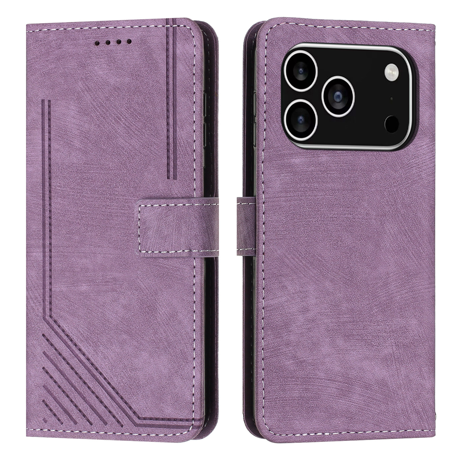 For iPhone 17 Pro Stand Case Imprinted Lines Leather Phone Cover - Purple