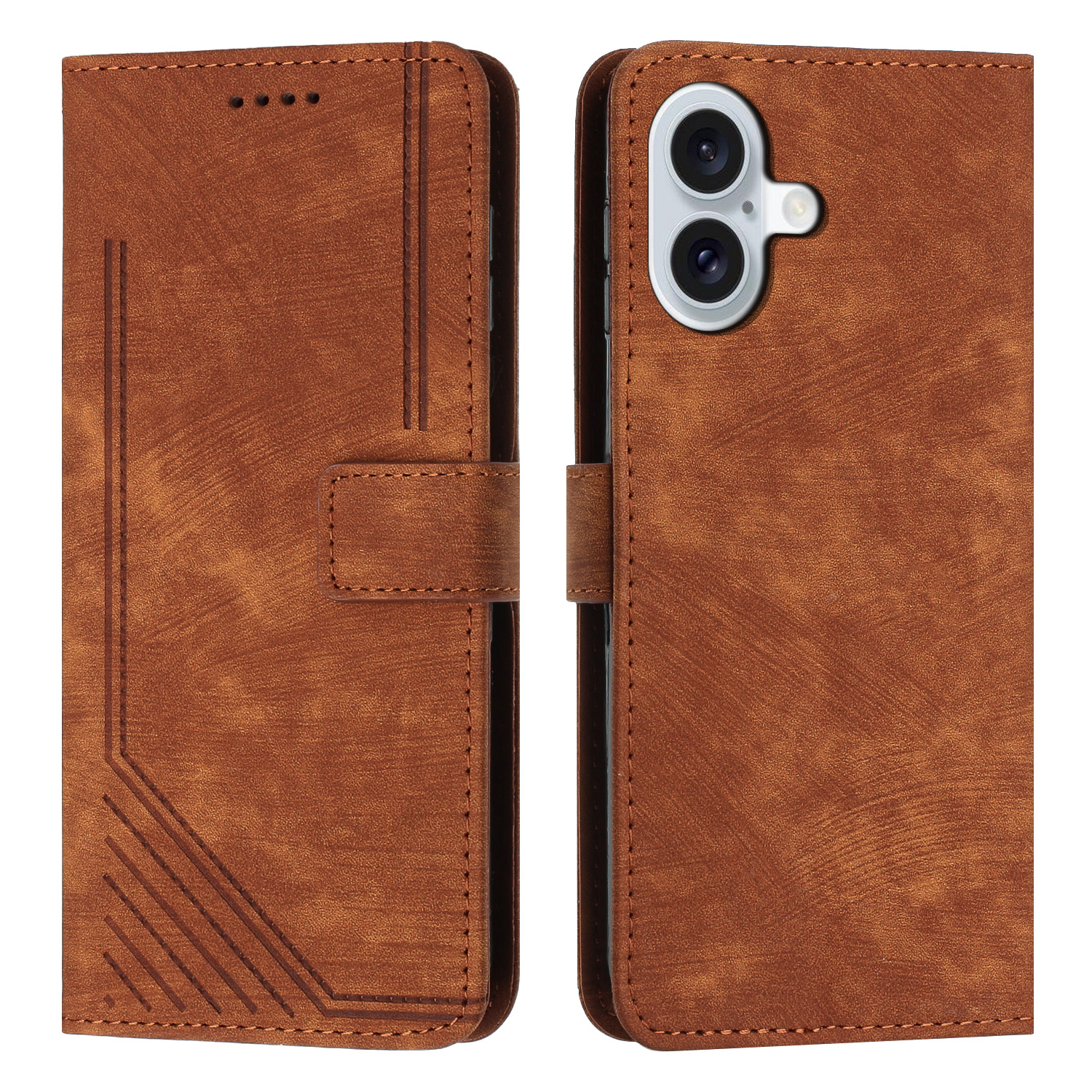 For iPhone 17 Stand Case Imprinted Lines Leather Phone Cover - Brown
