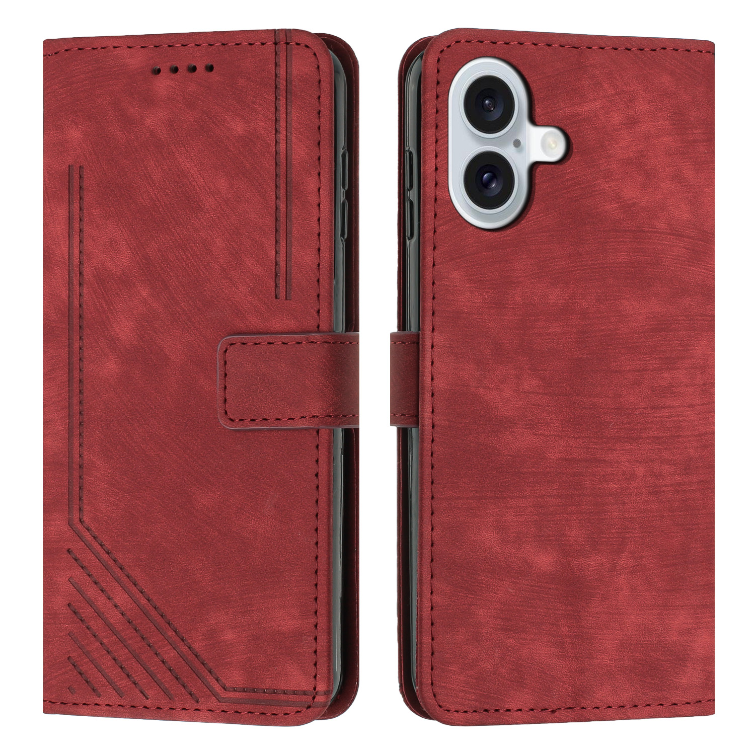 For iPhone 17 Stand Case Imprinted Lines Leather Phone Cover - Red