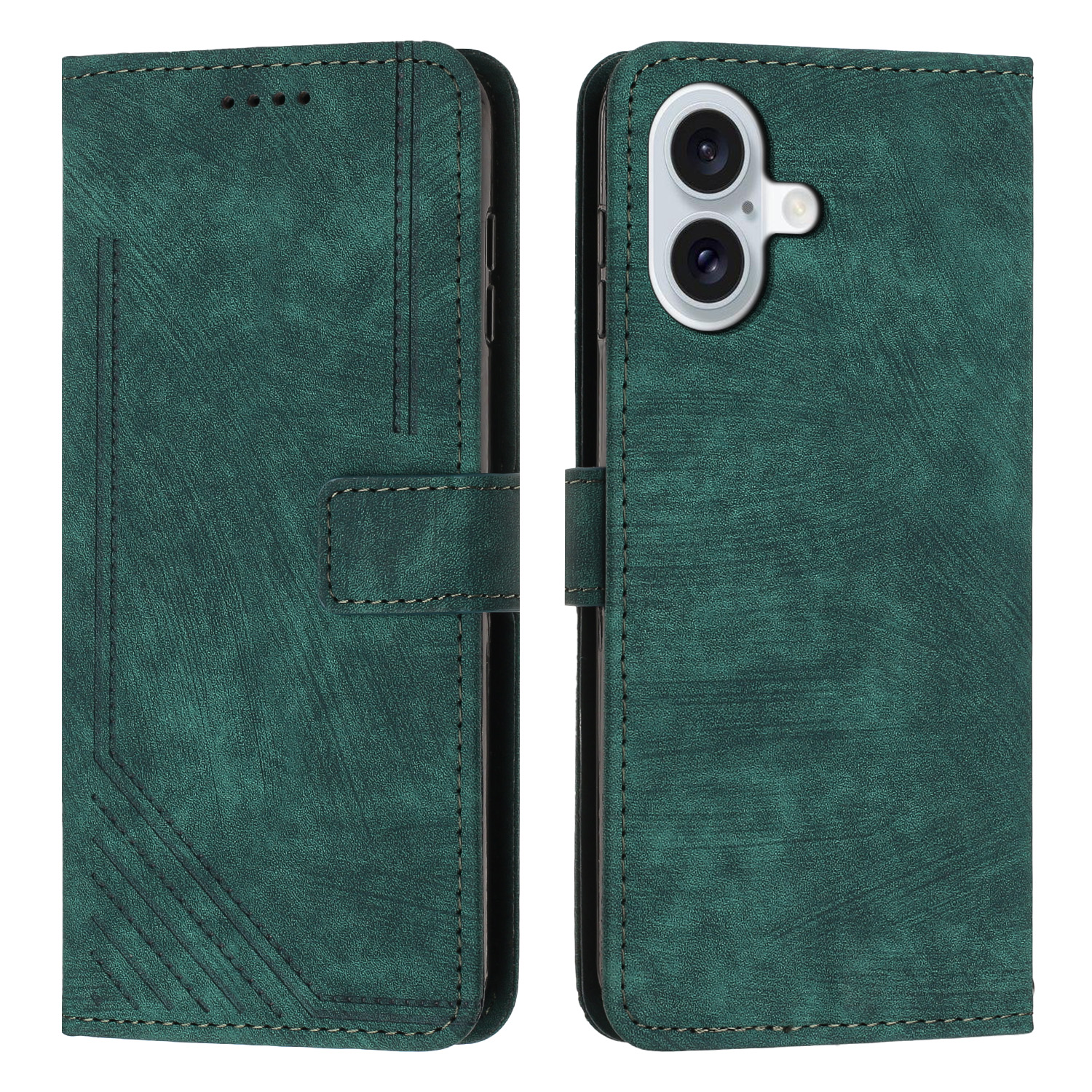 For iPhone 17 Stand Case Imprinted Lines Leather Phone Cover - Green