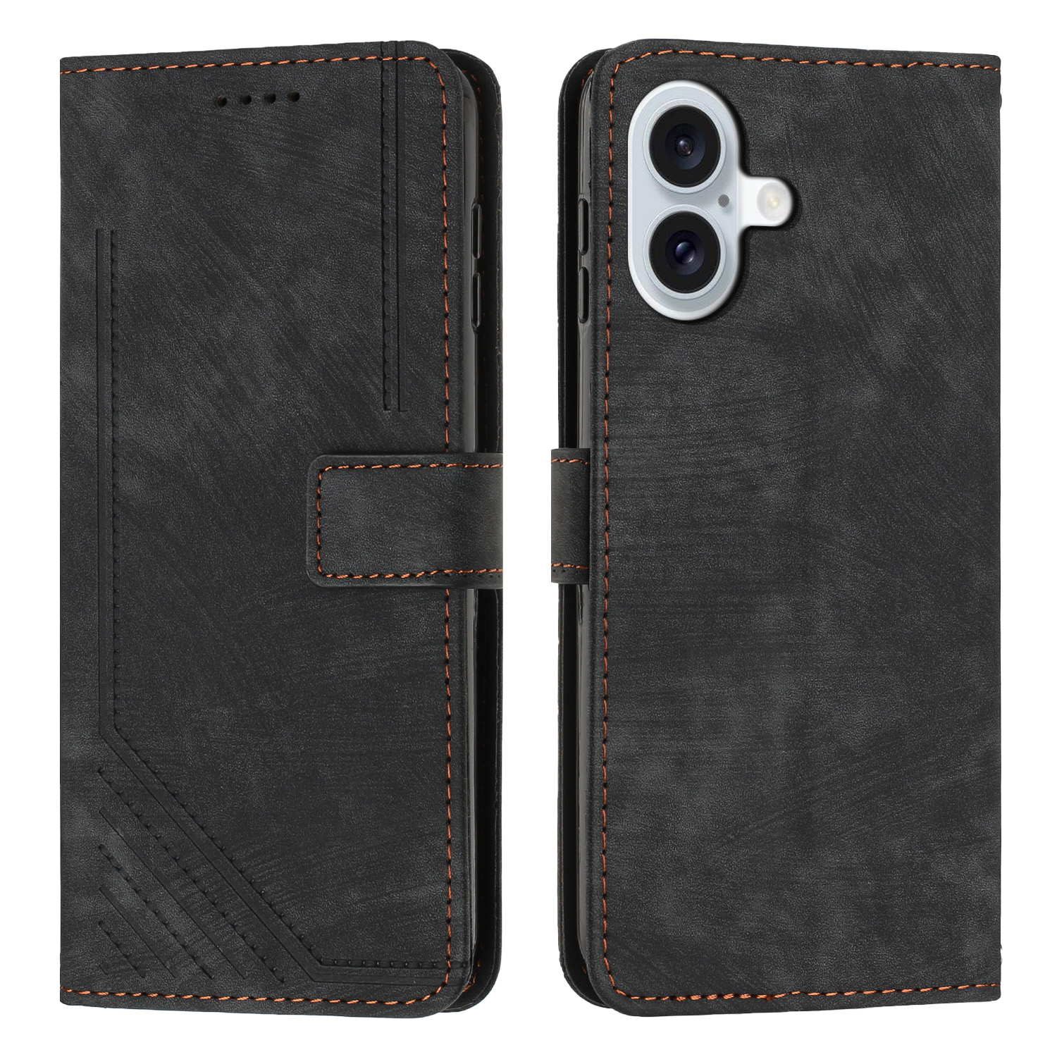 For iPhone 17 Stand Case Imprinted Lines Leather Phone Cover - Black