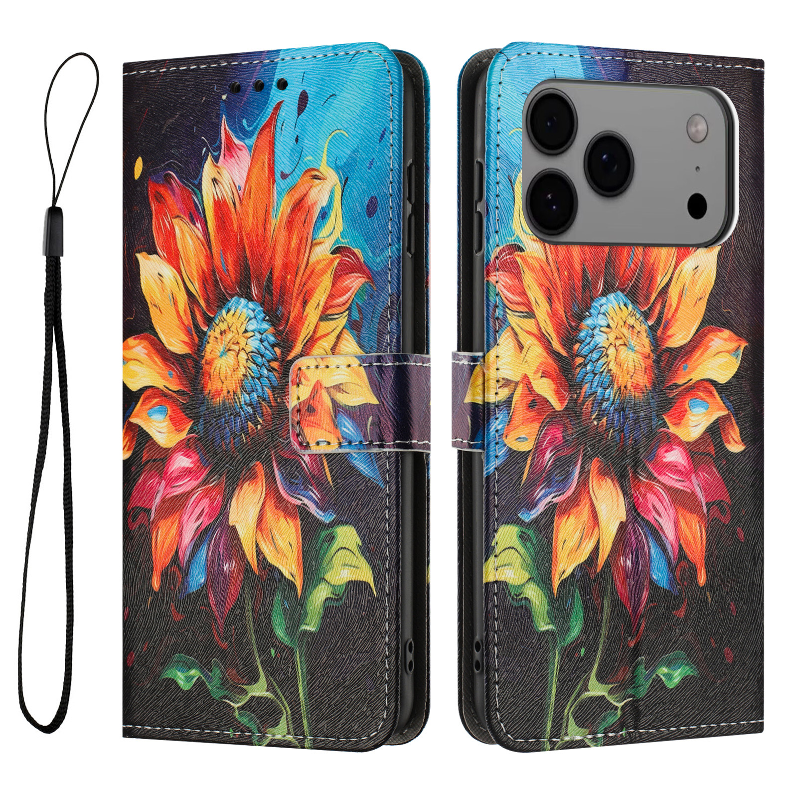 For iPhone 17 Pro Max Wallet Case Pattern Printing PU Leather Phone Cover with Lanyard - Sunflower