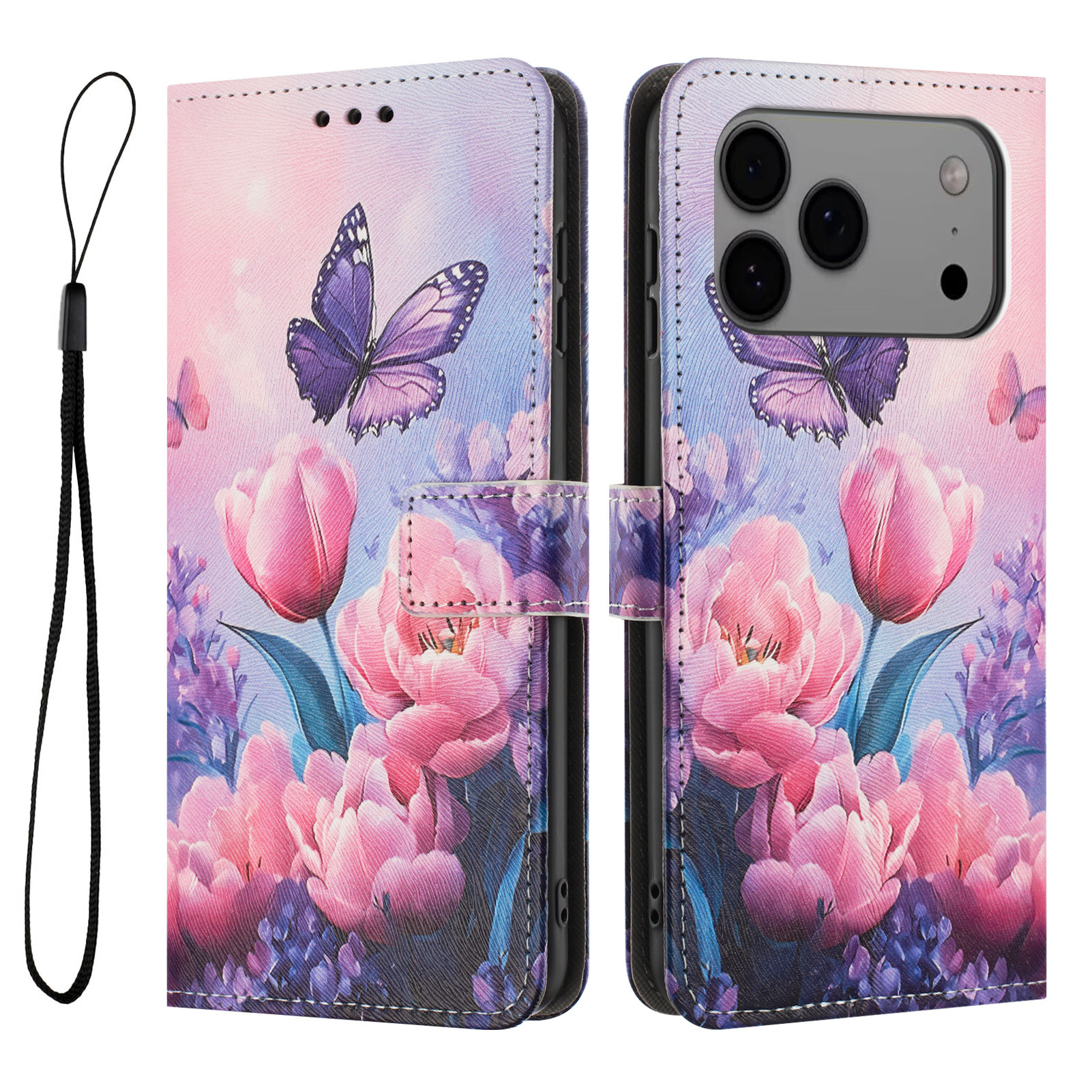 For iPhone 17 Pro Max Wallet Case Pattern Printing PU Leather Phone Cover with Lanyard - Pink Flower Butterfly