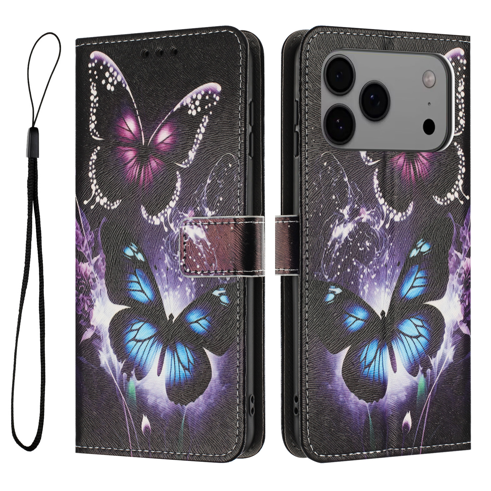 For iPhone 17 Pro Max Wallet Case Pattern Printing PU Leather Phone Cover with Lanyard - Two Butterflies