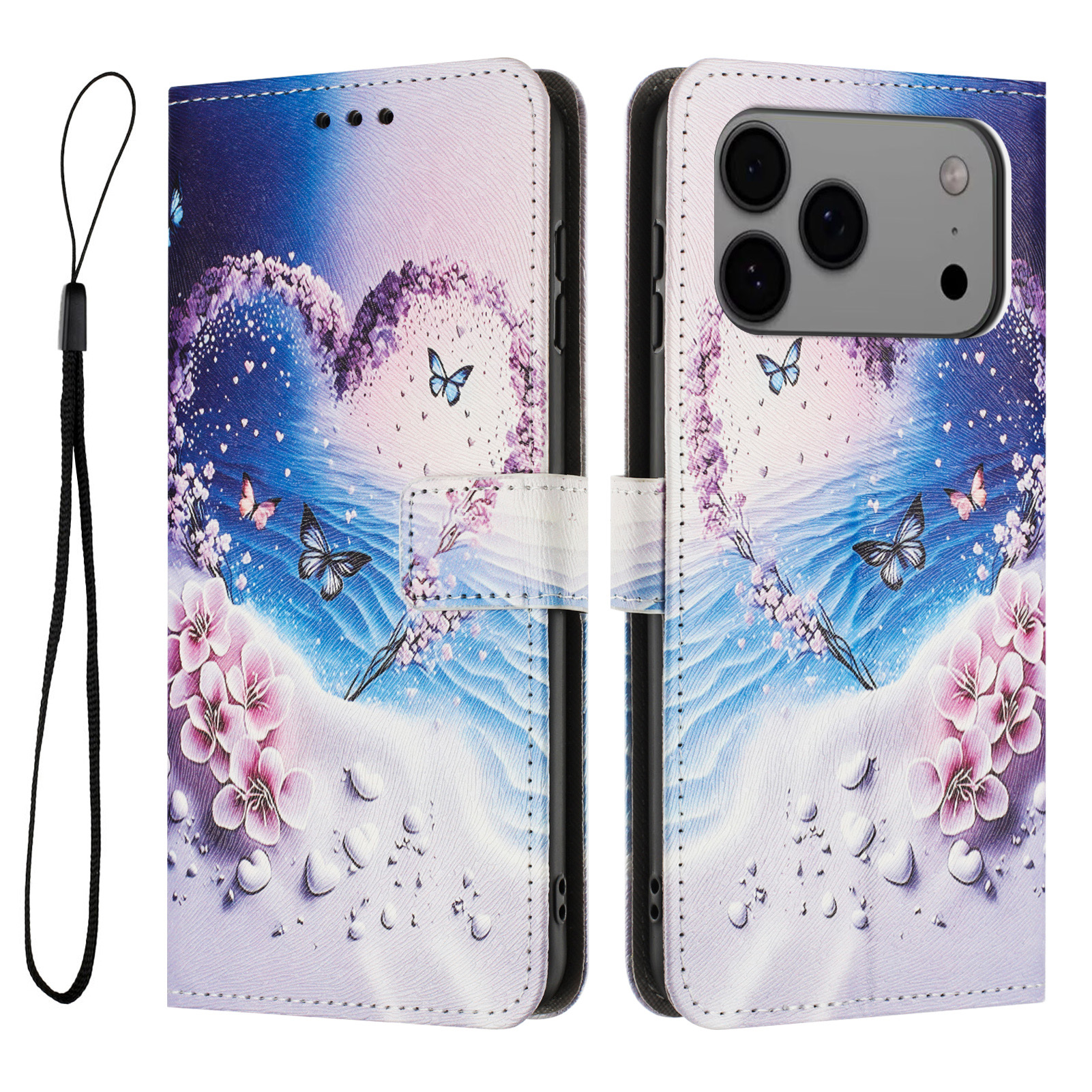 For iPhone 17 Pro Max Wallet Case Pattern Printing PU Leather Phone Cover with Lanyard - Heart Butterfly