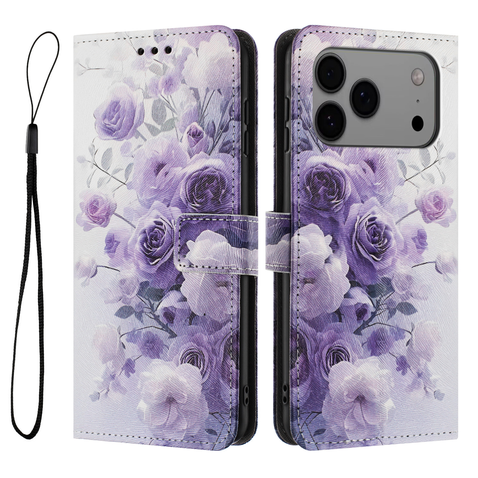 For iPhone 17 Pro Max Wallet Case Pattern Printing PU Leather Phone Cover with Lanyard - Purple Rose