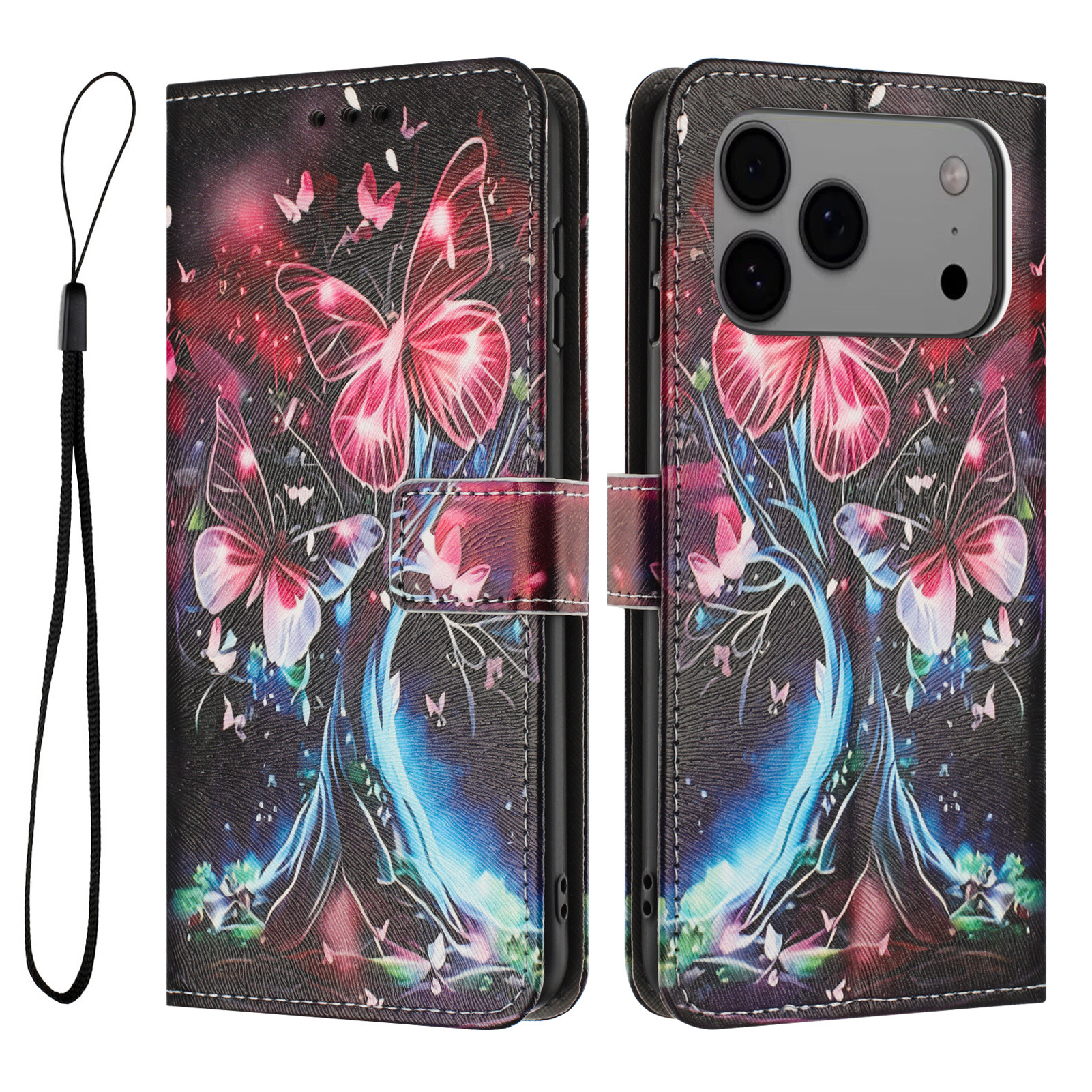 For iPhone 17 Pro Max Wallet Case Pattern Printing PU Leather Phone Cover with Lanyard - Butterfly Tree