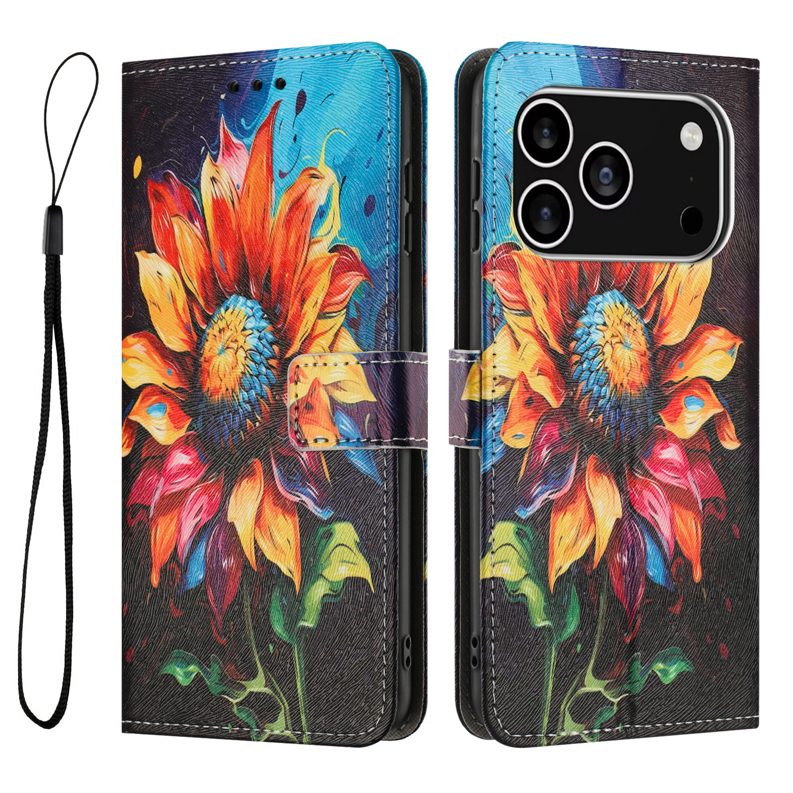 For iPhone 17 Pro Wallet Case Pattern Printing PU Leather Phone Cover with Lanyard - Sunflower