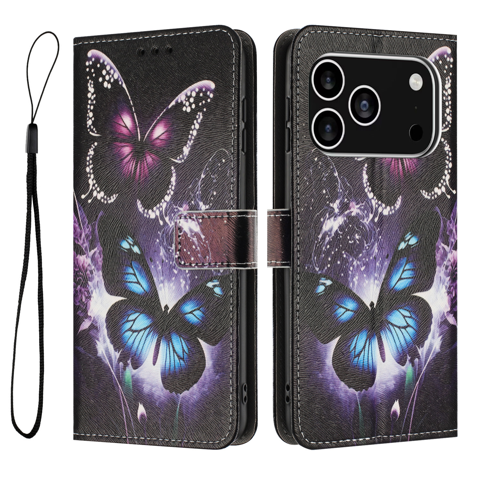 For iPhone 17 Pro Wallet Case Pattern Printing PU Leather Phone Cover with Lanyard - Two Butterflies
