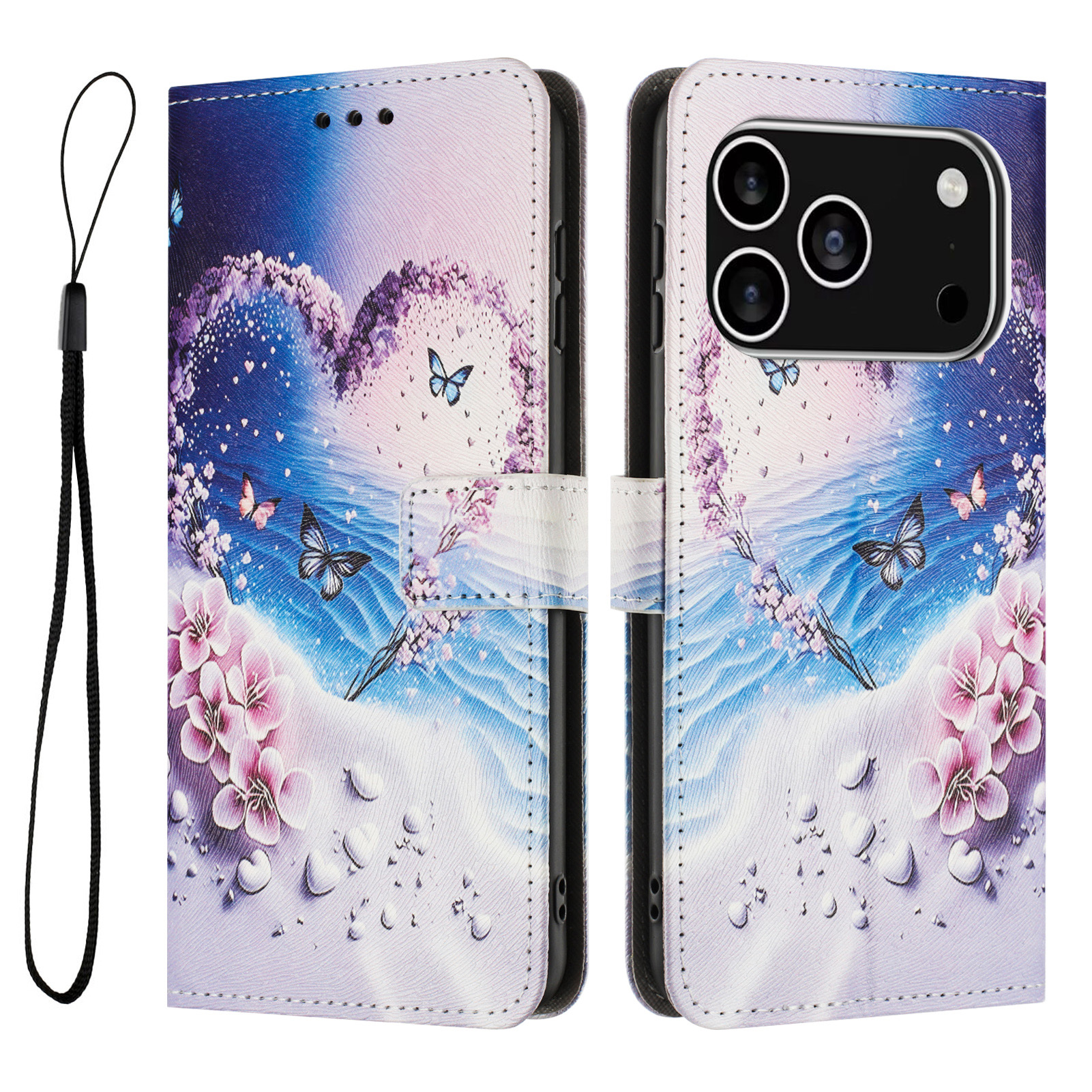 For iPhone 17 Pro Wallet Case Pattern Printing PU Leather Phone Cover with Lanyard - Heart Butterfly