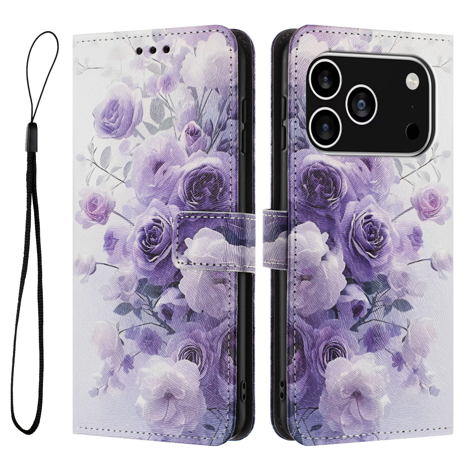 For iPhone 17 Pro Wallet Case Pattern Printing PU Leather Phone Cover with Lanyard - Purple Rose