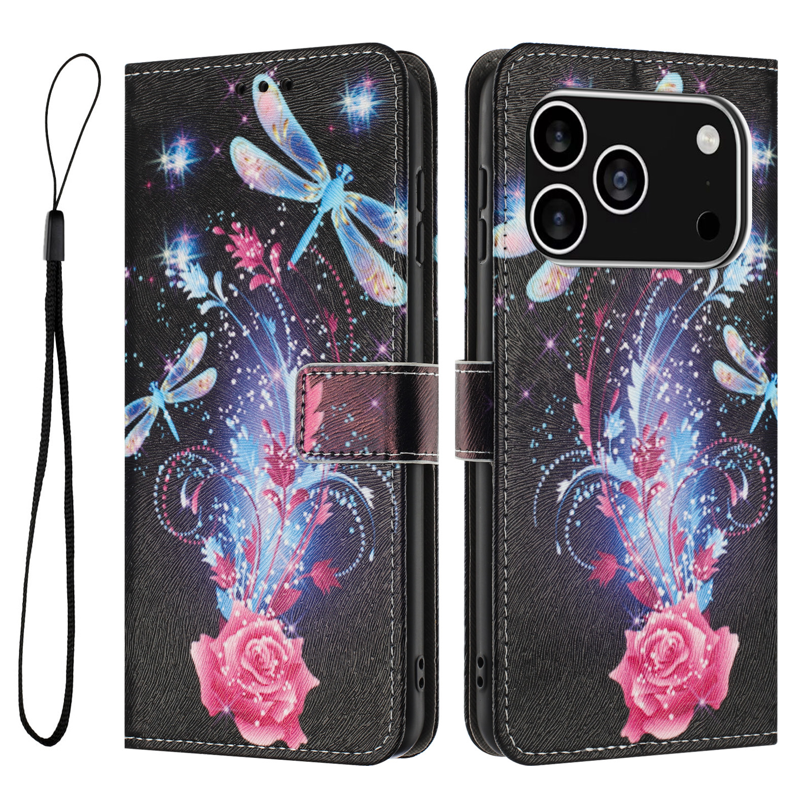 For iPhone 17 Pro Wallet Case Pattern Printing PU Leather Phone Cover with Lanyard - Dragonfly