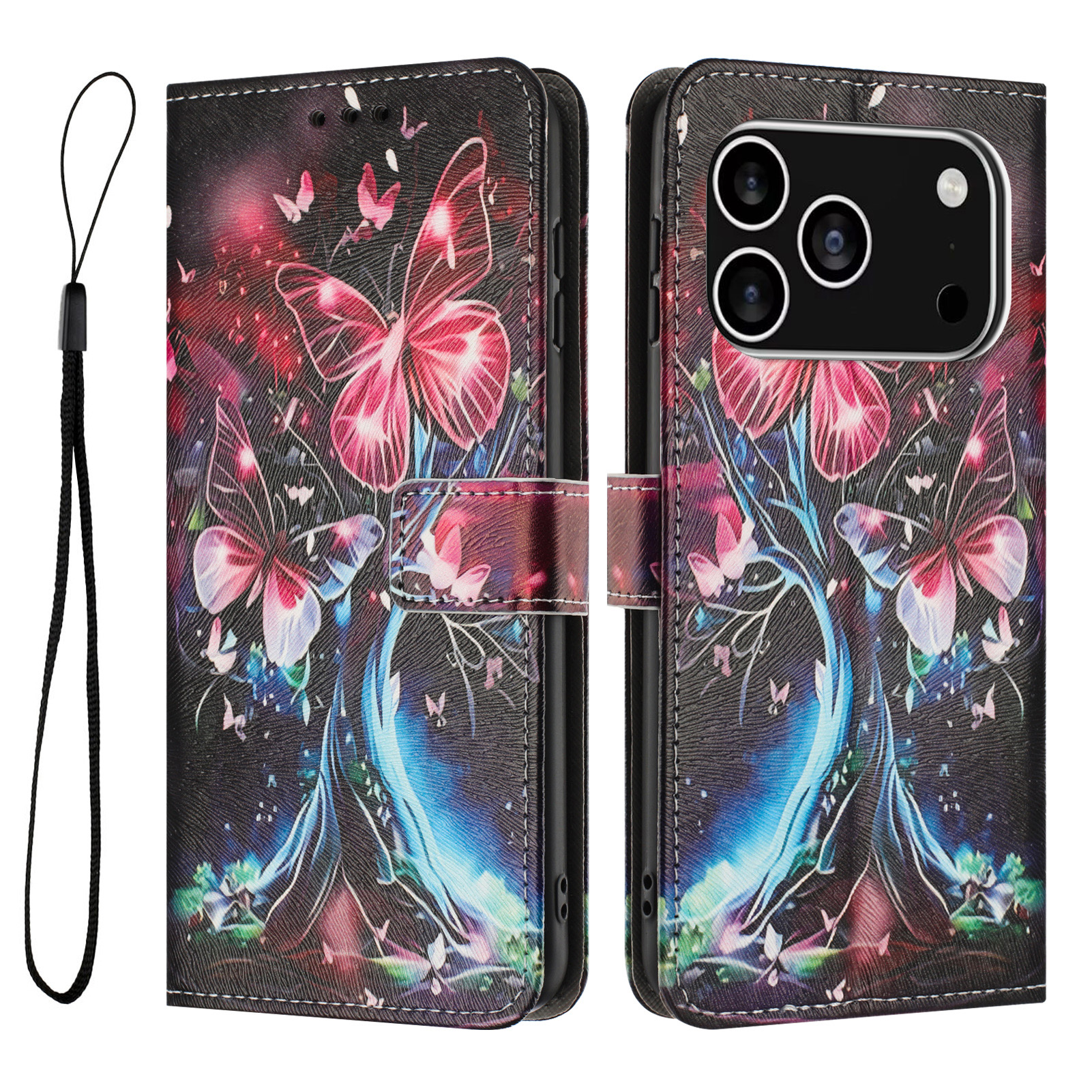For iPhone 17 Pro Wallet Case Pattern Printing PU Leather Phone Cover with Lanyard - Butterfly Tree