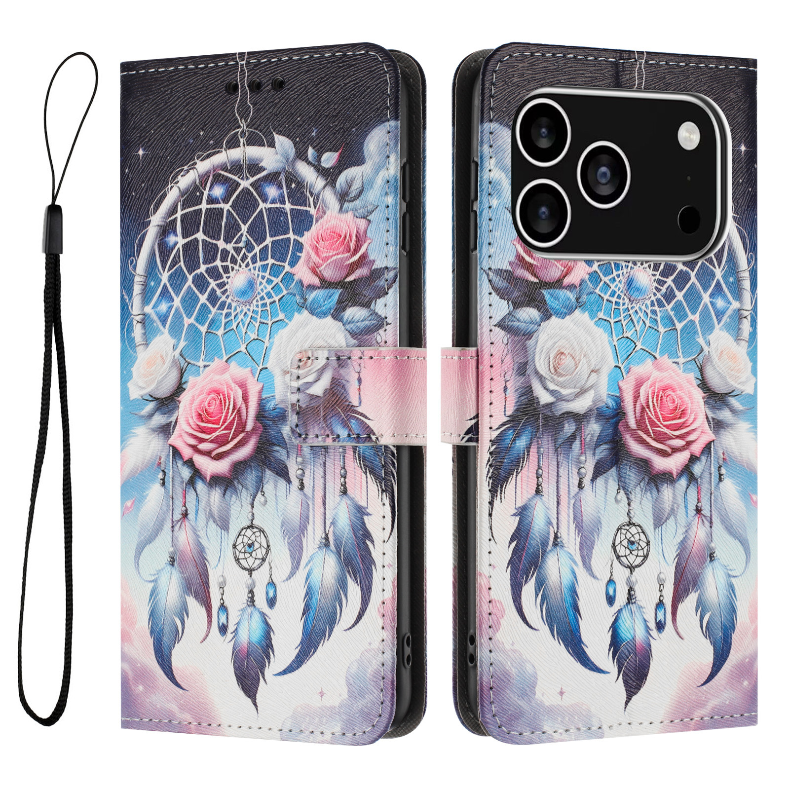 For iPhone 17 Pro Wallet Case Pattern Printing PU Leather Phone Cover with Lanyard - Flower Wind Chime