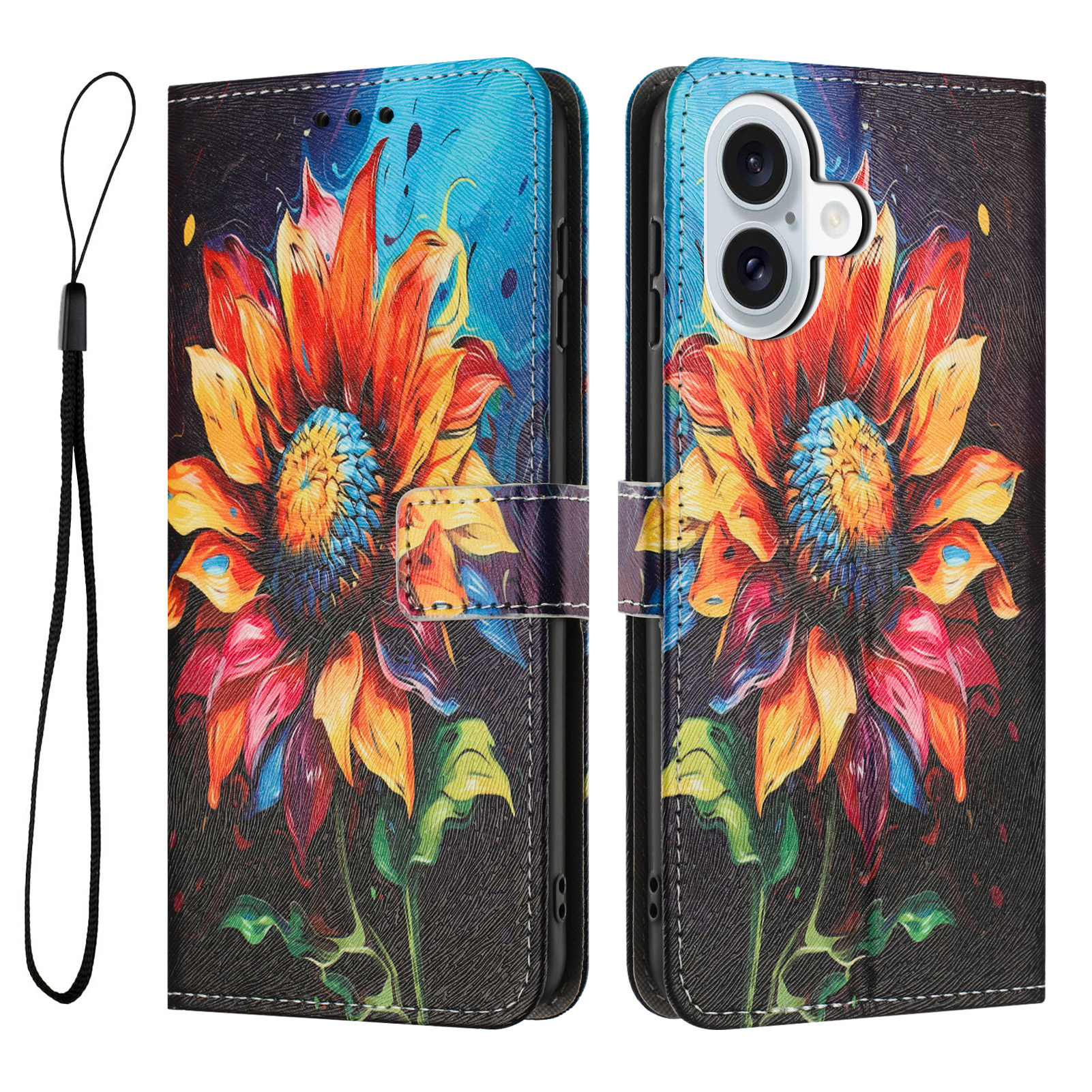 For iPhone 17 Wallet Case Pattern Printing PU Leather Phone Cover with Lanyard - Sunflower