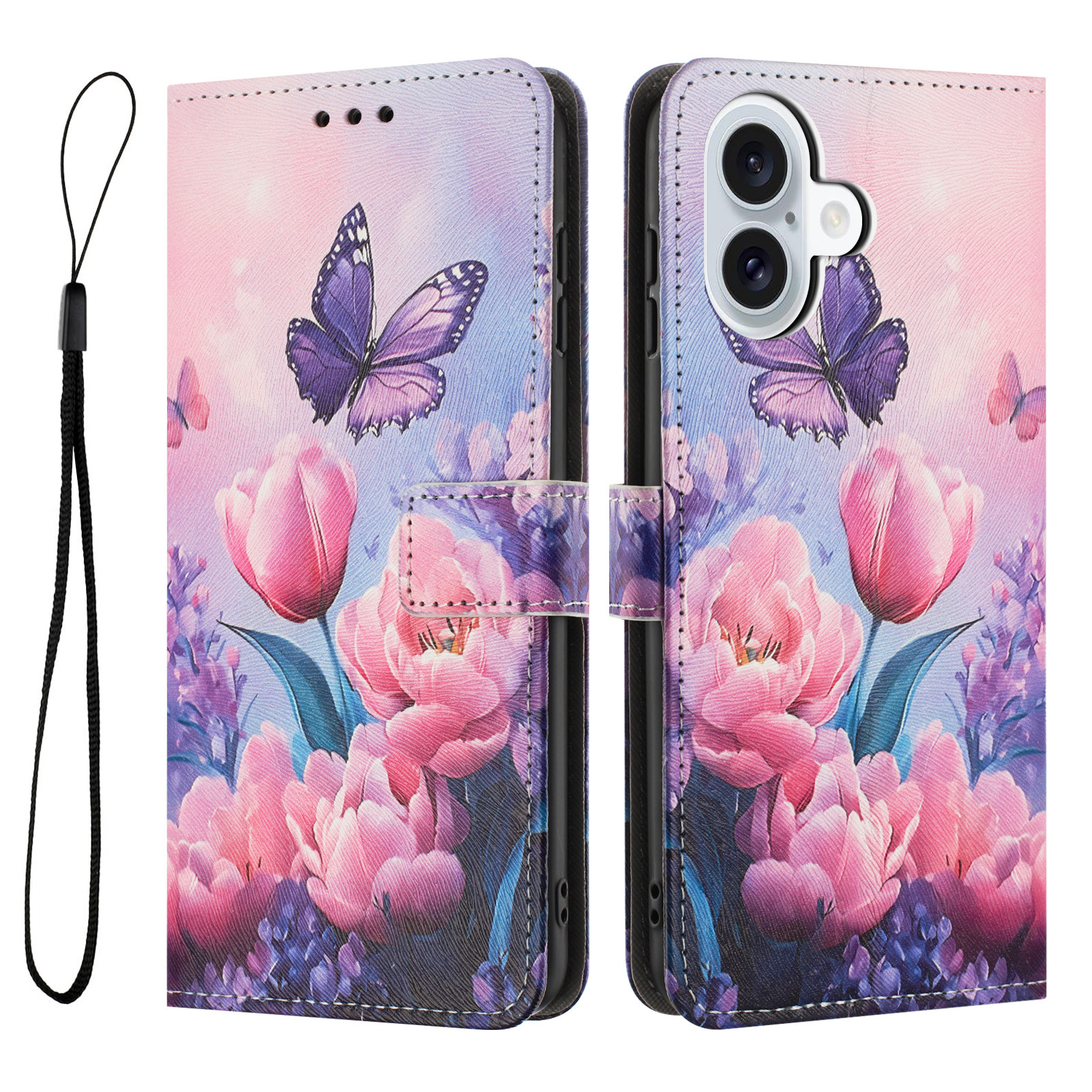 For iPhone 17 Wallet Case Pattern Printing PU Leather Phone Cover with Lanyard - Pink Flower Butterfly