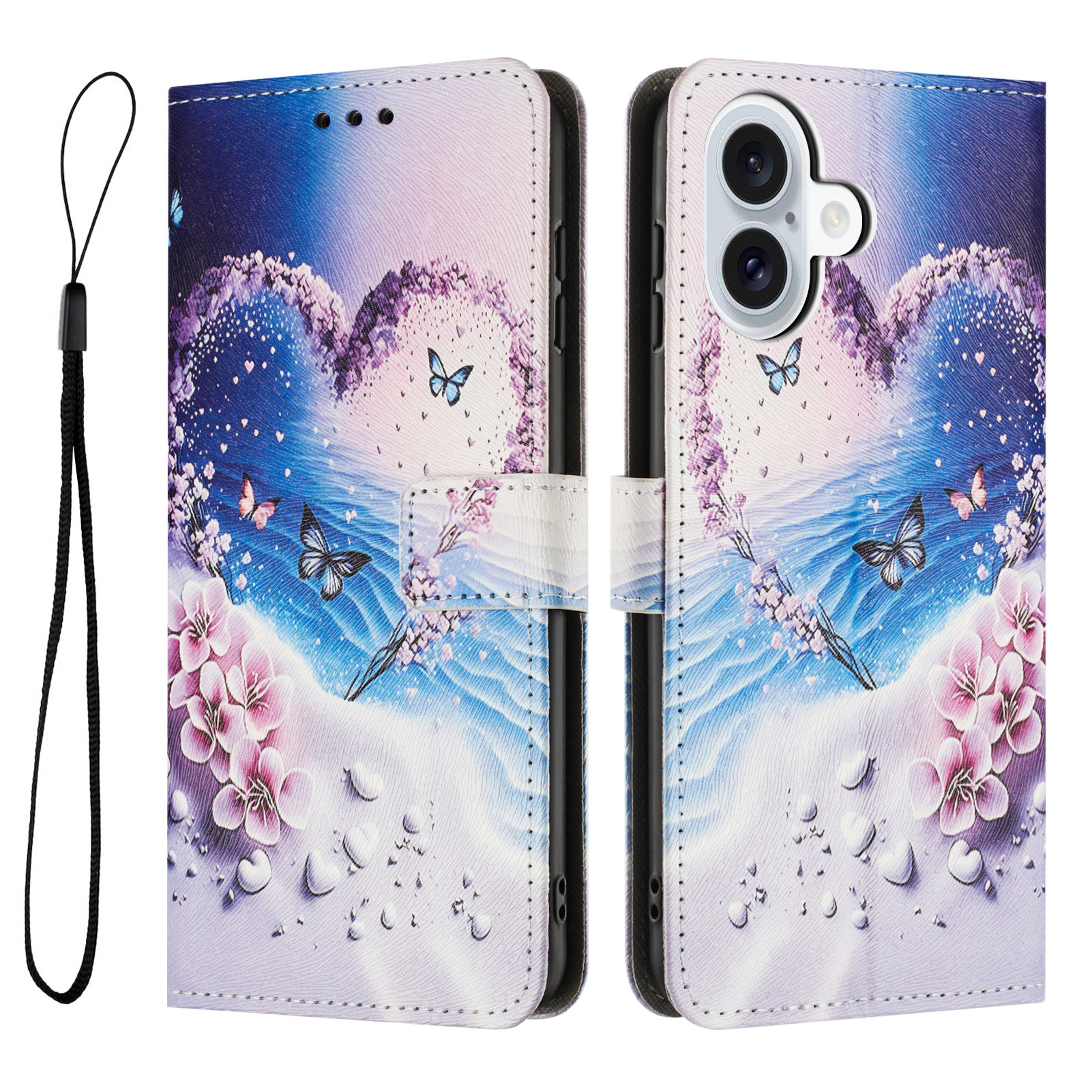 For iPhone 17 Wallet Case Pattern Printing PU Leather Phone Cover with Lanyard - Heart Butterfly