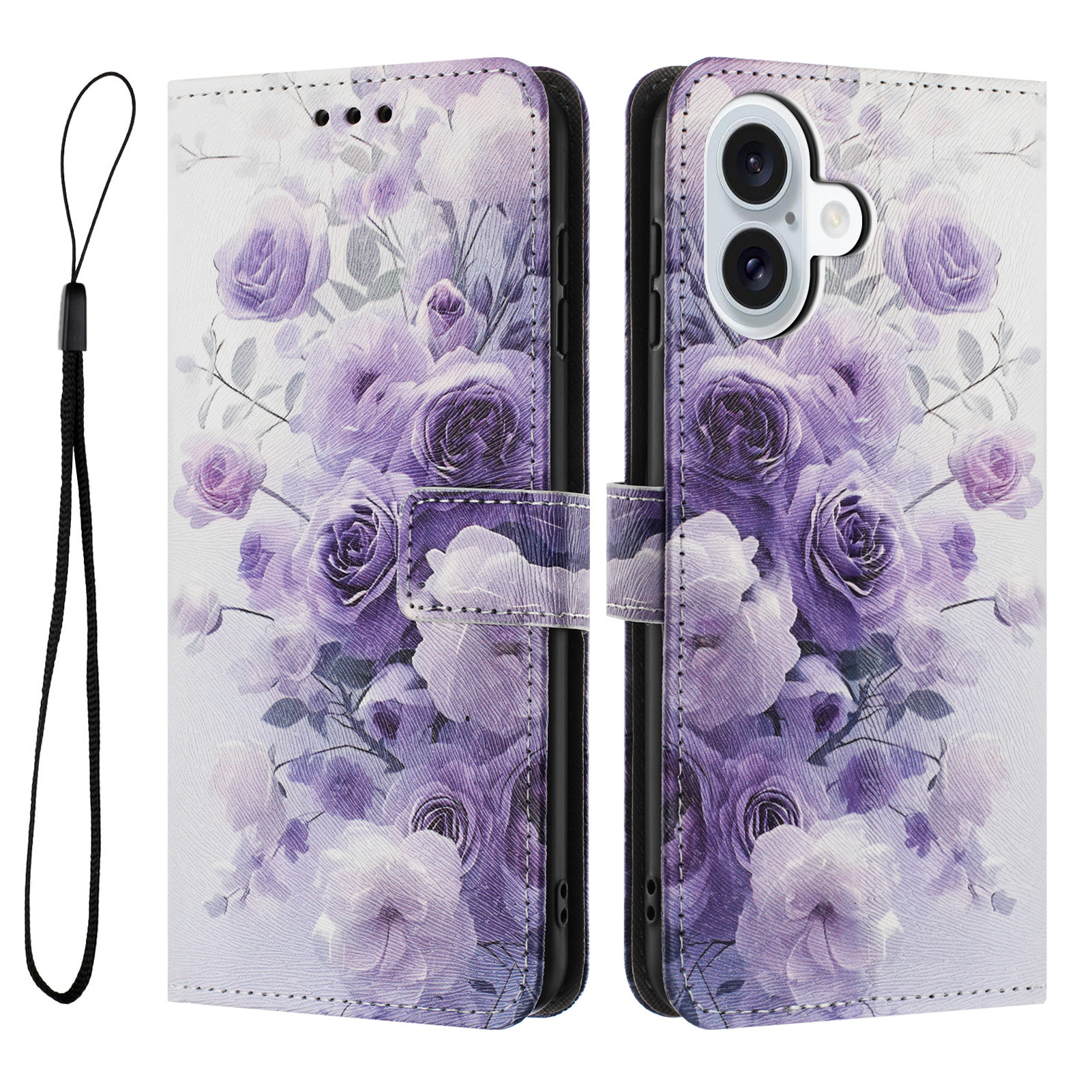 For iPhone 17 Wallet Case Pattern Printing PU Leather Phone Cover with Lanyard - Purple Rose