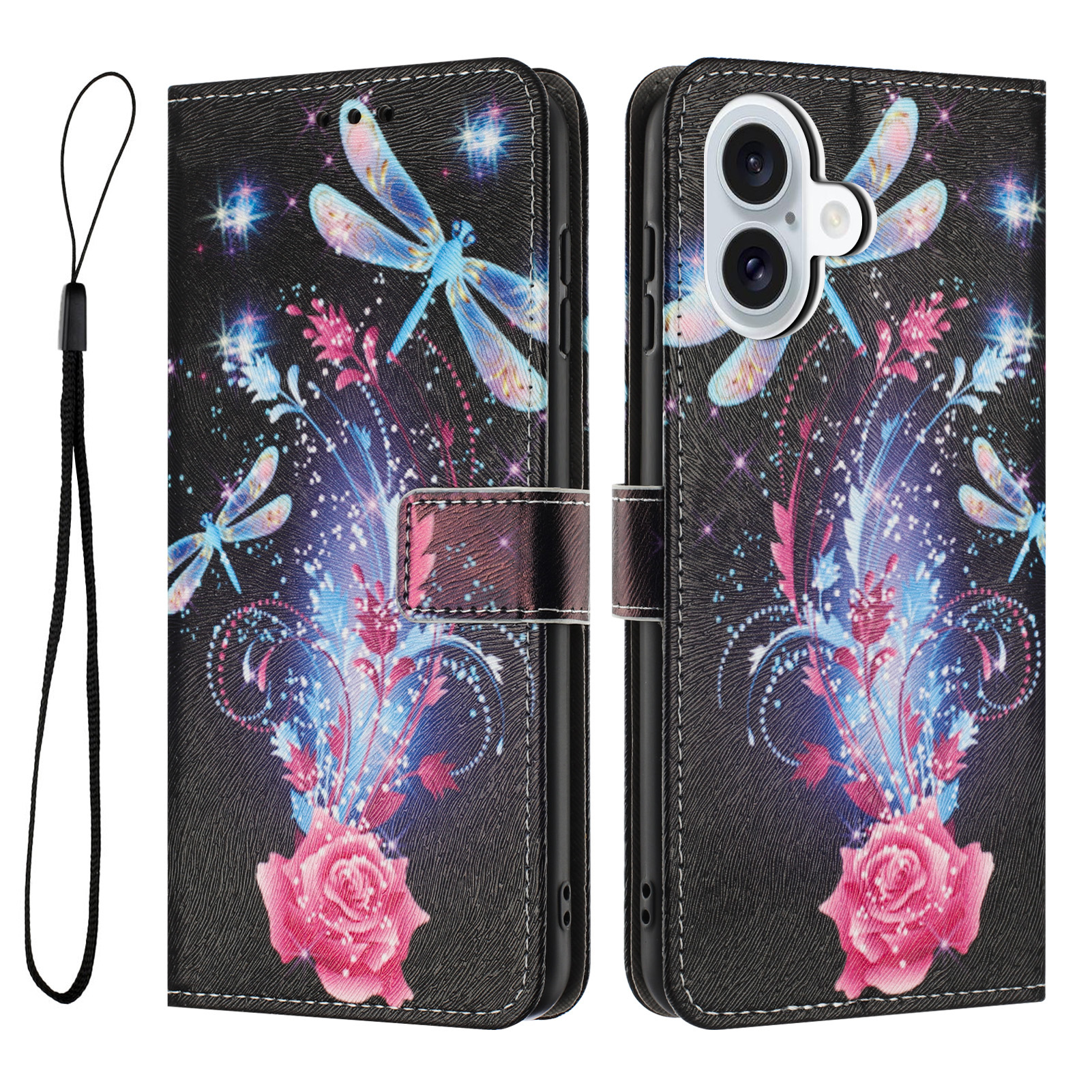 For iPhone 17 Wallet Case Pattern Printing PU Leather Phone Cover with Lanyard - Dragonfly