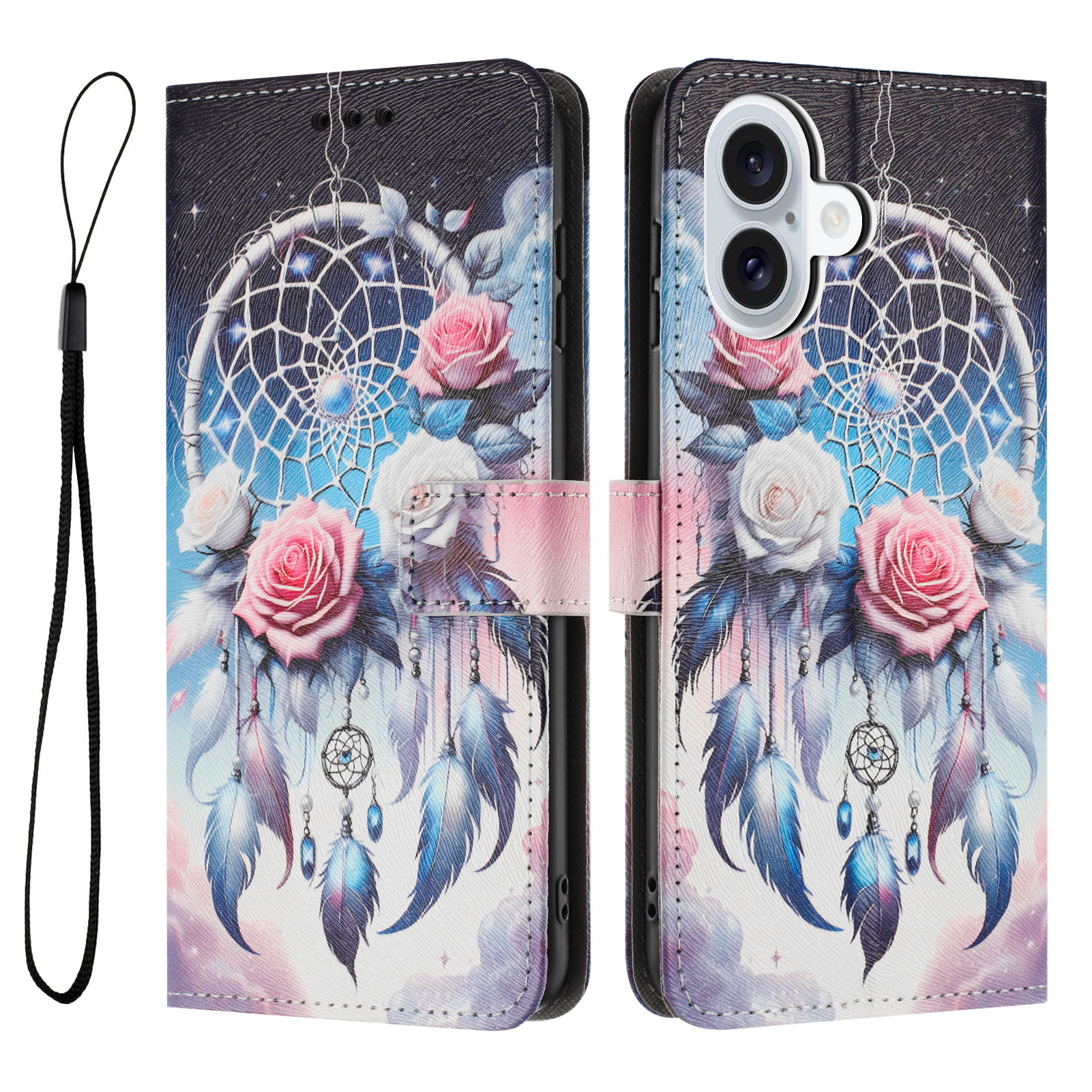 For iPhone 17 Wallet Case Pattern Printing PU Leather Phone Cover with Lanyard - Flower Wind Chime