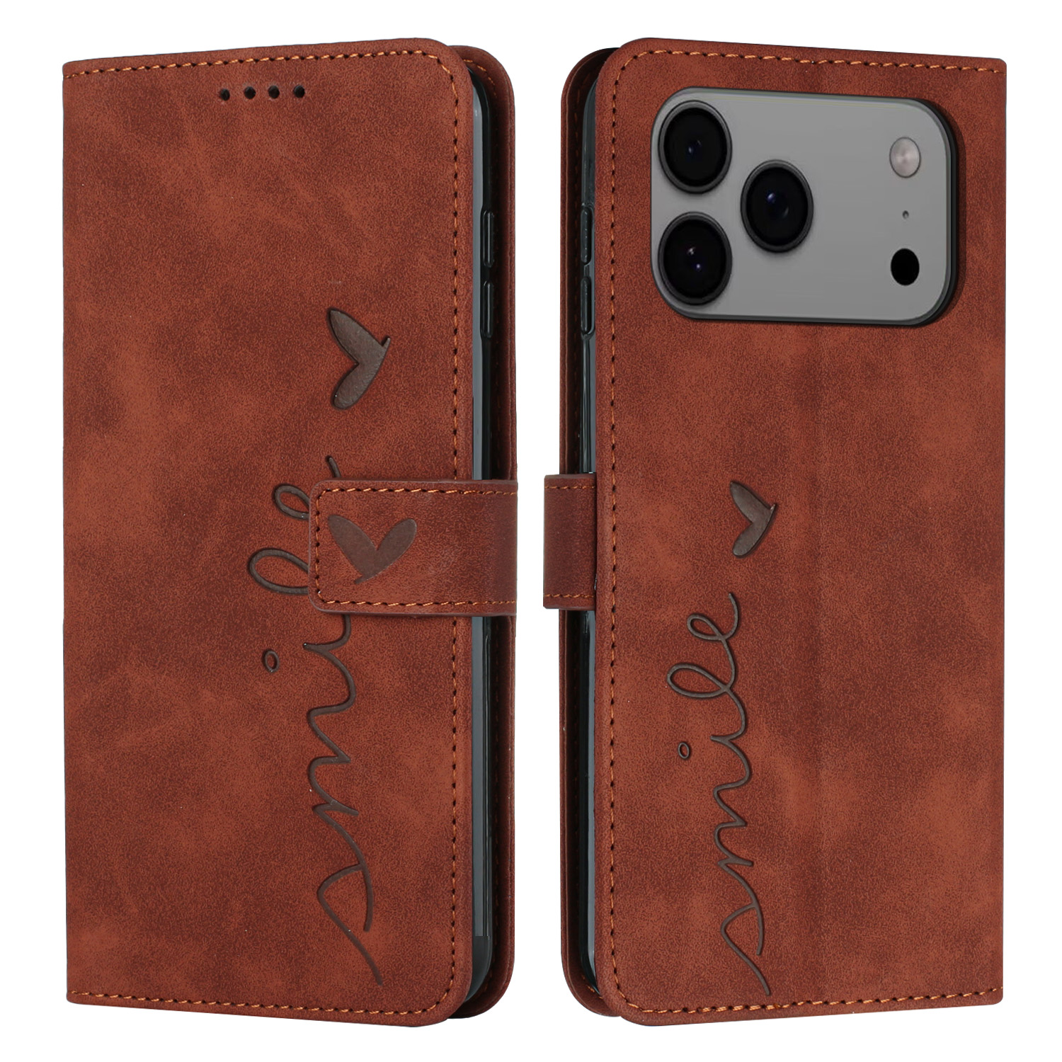 For iPhone 17 Pro Max Stand Case PU Leather Phone Cover Imprinted Heart Pattern - Brown