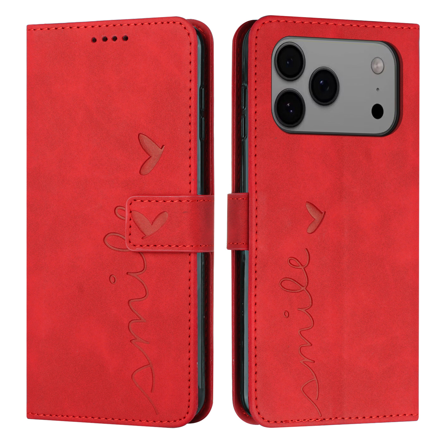 For iPhone 17 Pro Max Stand Case PU Leather Phone Cover Imprinted Heart Pattern - Red