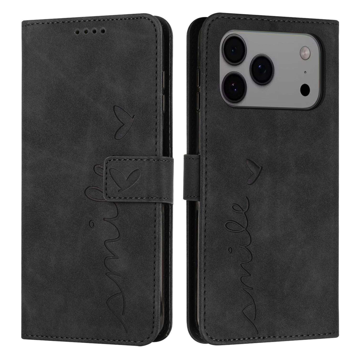 For iPhone 17 Pro Max Stand Case PU Leather Phone Cover Imprinted Heart Pattern - Black