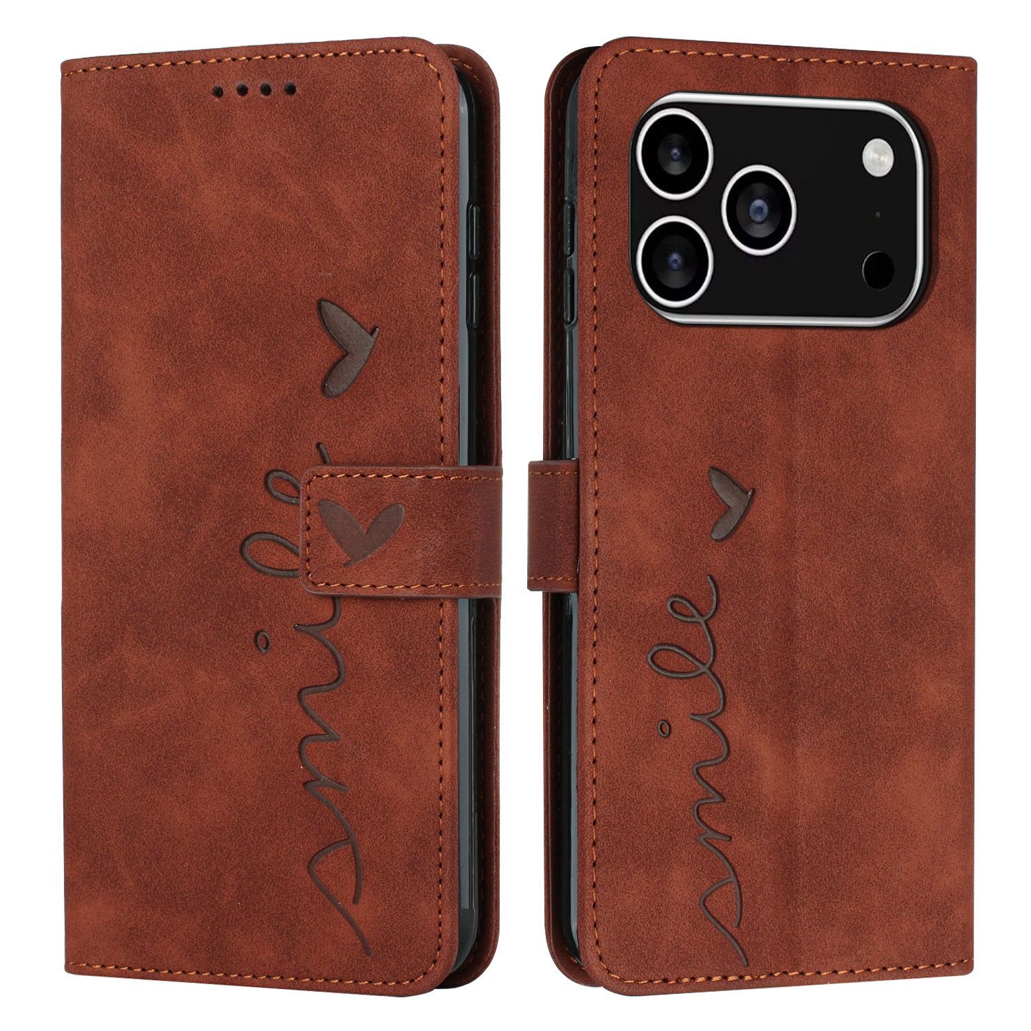 For iPhone 17 Pro Stand Case PU Leather Phone Cover Imprinted Heart Pattern - Brown