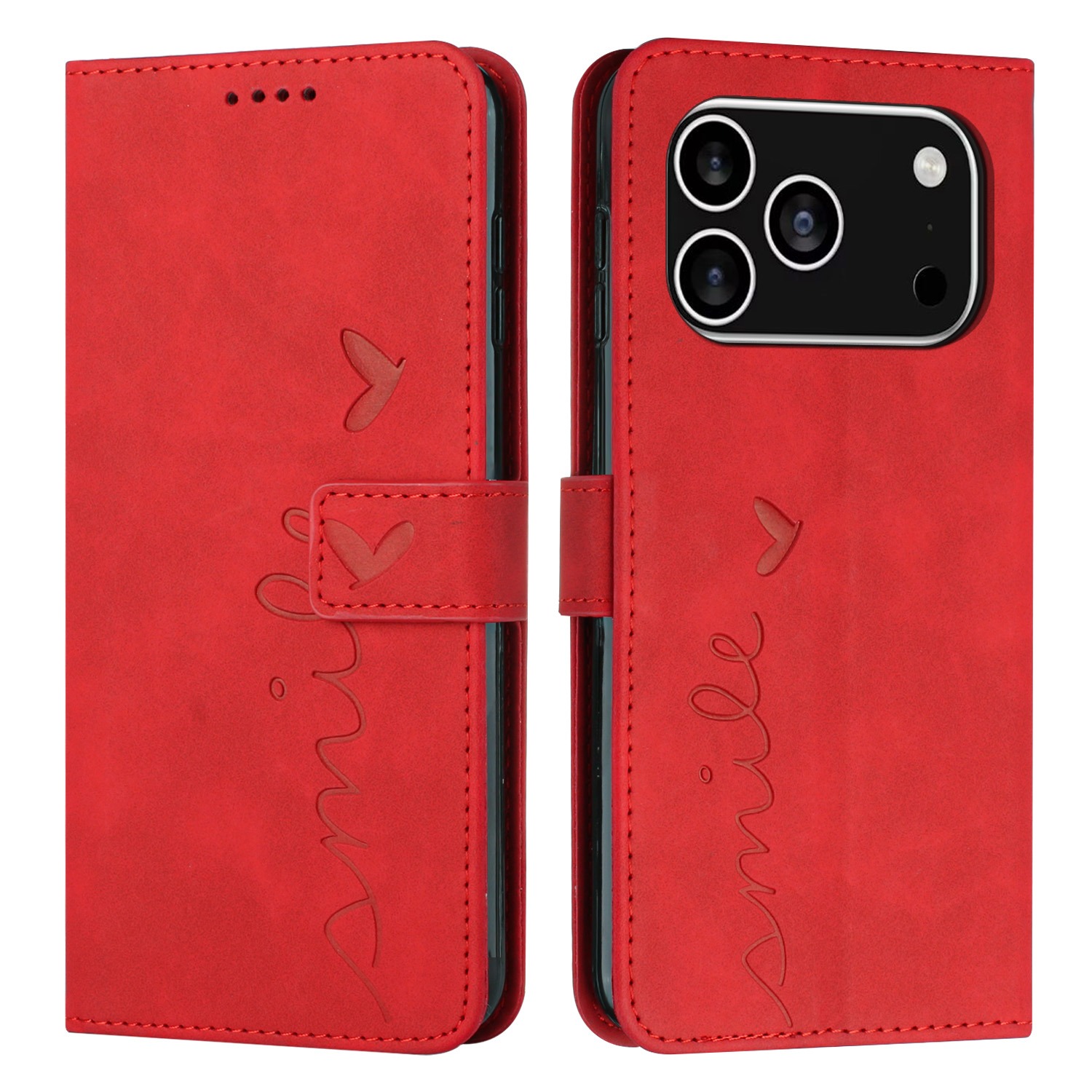 For iPhone 17 Pro Stand Case PU Leather Phone Cover Imprinted Heart Pattern - Red