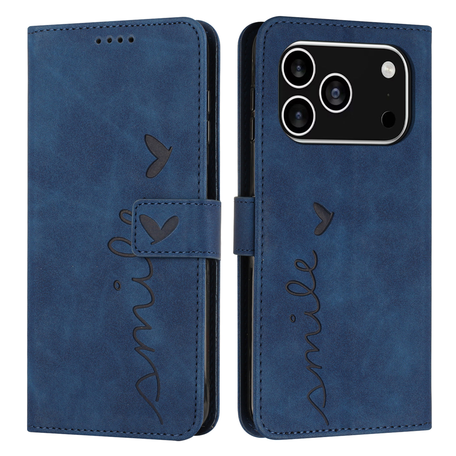 For iPhone 17 Pro Stand Case PU Leather Phone Cover Imprinted Heart Pattern - Blue