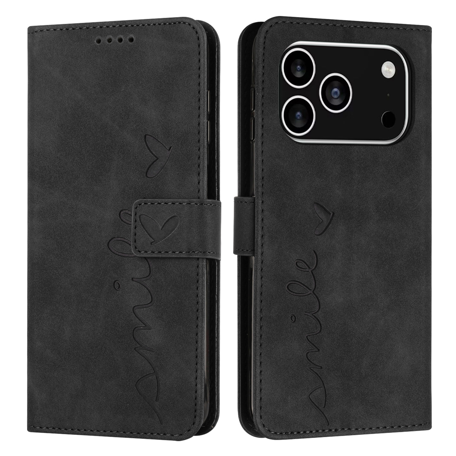 For iPhone 17 Pro Stand Case PU Leather Phone Cover Imprinted Heart Pattern - Black