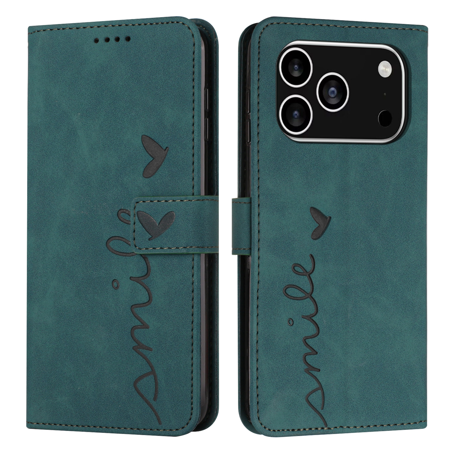 For iPhone 17 Pro Stand Case PU Leather Phone Cover Imprinted Heart Pattern - Green