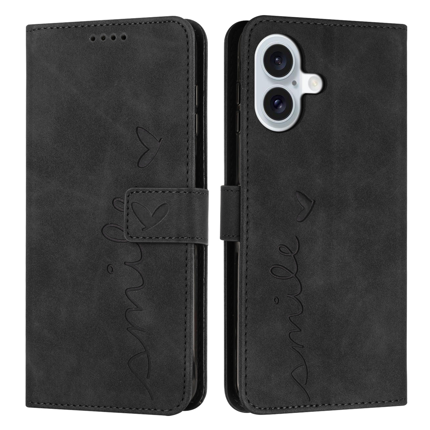 For iPhone 17 Stand Case PU Leather Phone Cover Imprinted Heart Pattern - Black
