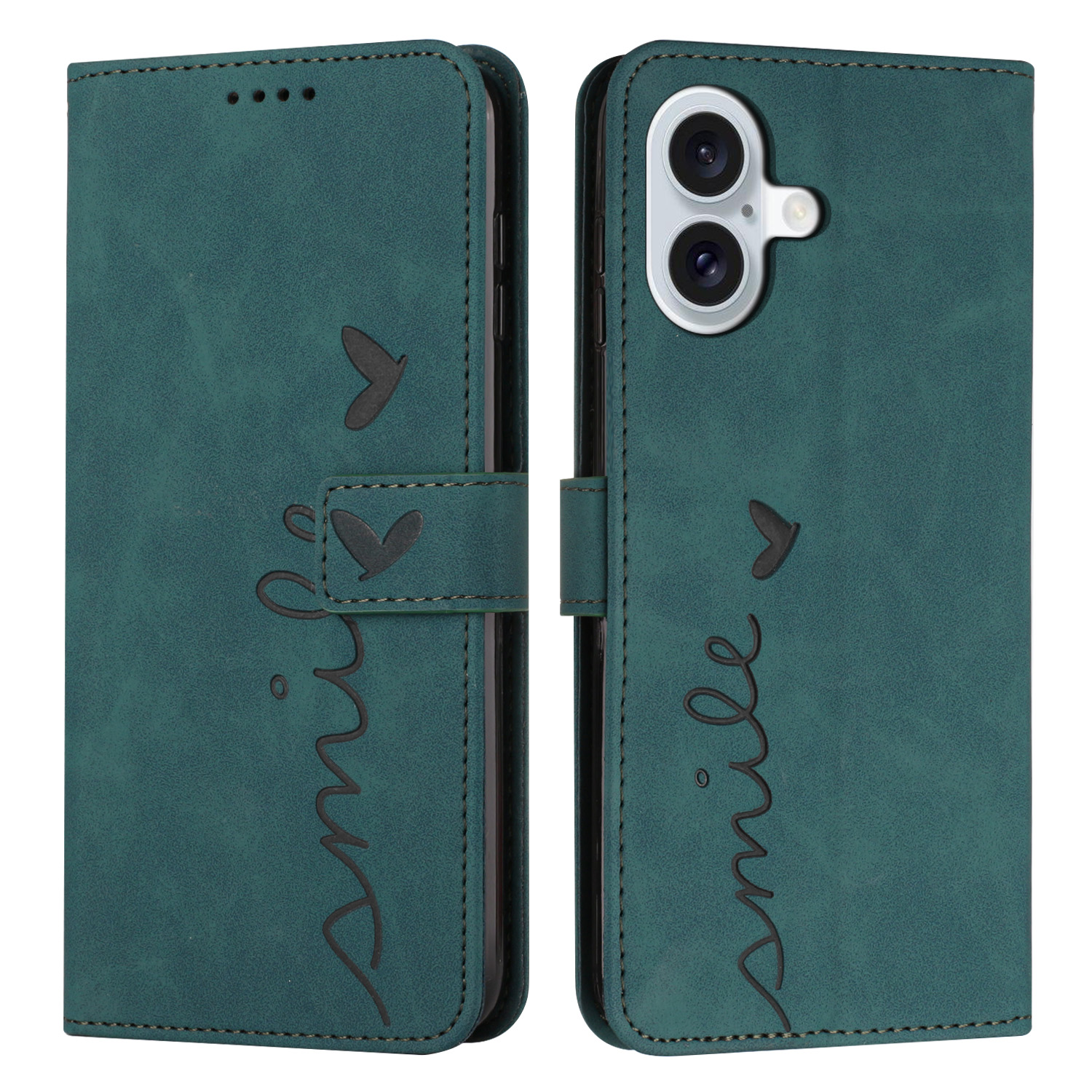 For iPhone 17 Stand Case PU Leather Phone Cover Imprinted Heart Pattern - Green