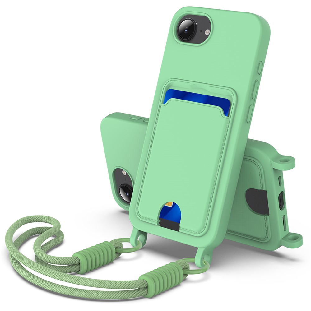For iPhone 16e Case Liquid Silicone Card Holder Phone Back Cover with Short Strap - Green